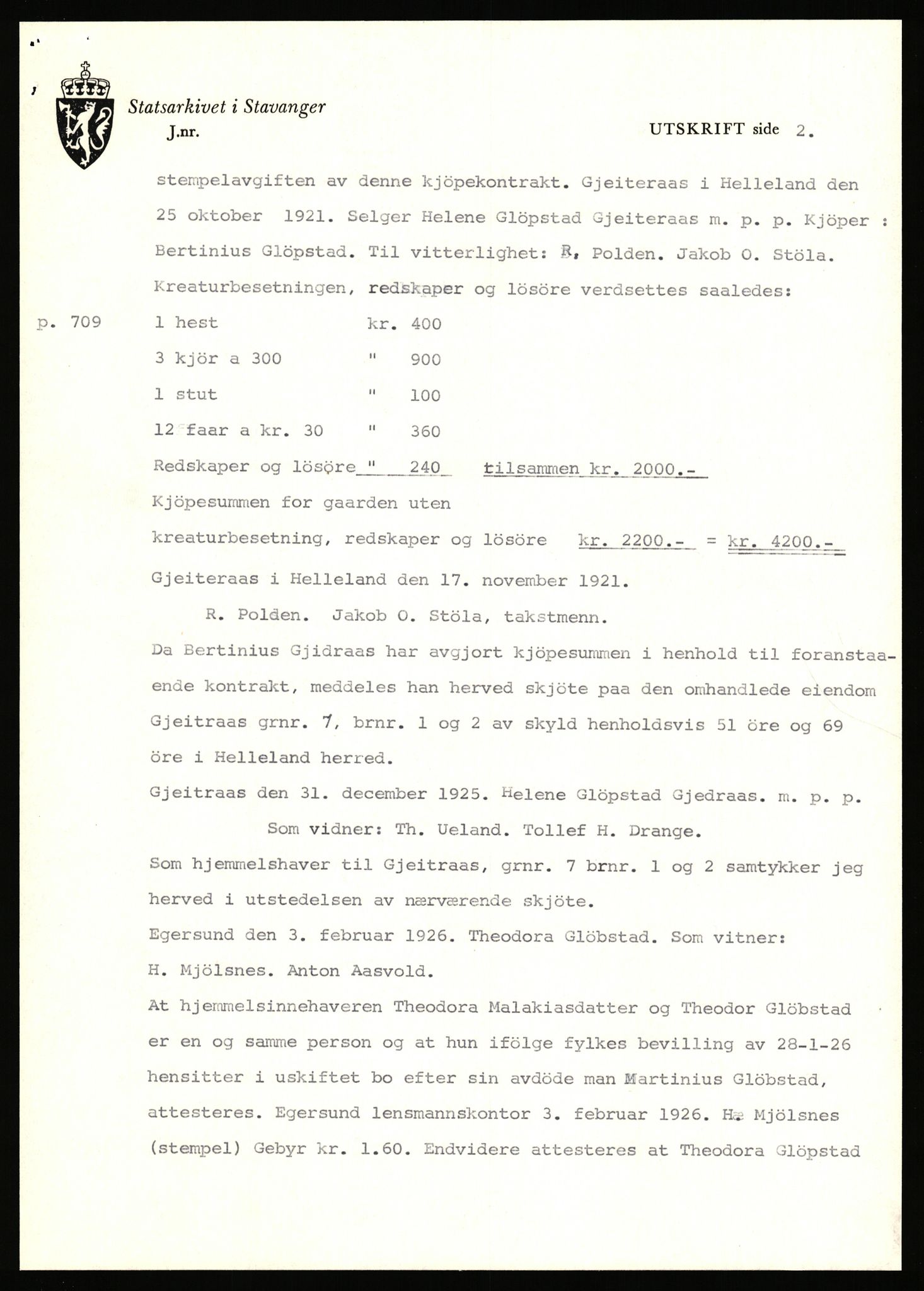 Statsarkivet i Stavanger, AV/SAST-A-101971/03/Y/Yj/L0025: Avskrifter sortert etter gårdsnavn: Garpestad - Gjerde, 1750-1930, p. 595