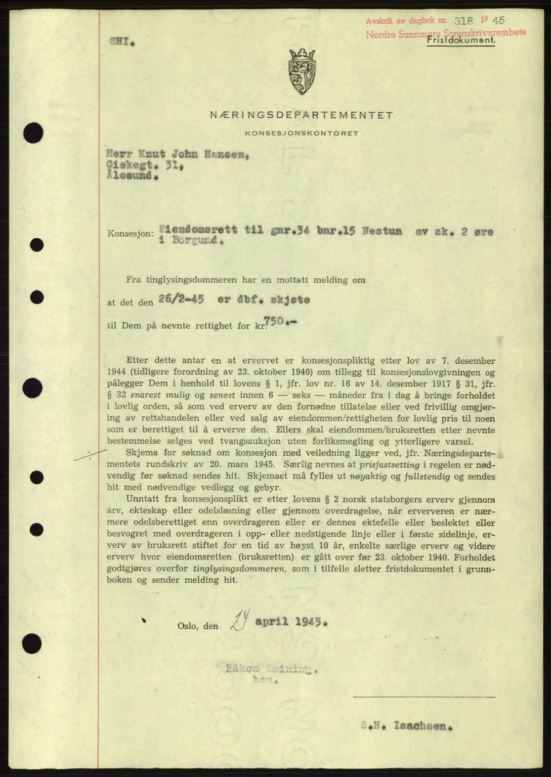 Nordre Sunnmøre sorenskriveri, SAT/A-0006/1/2/2C/2Ca: Mortgage book no. B6-14 a, 1942-1945, Diary no: : 318/1945