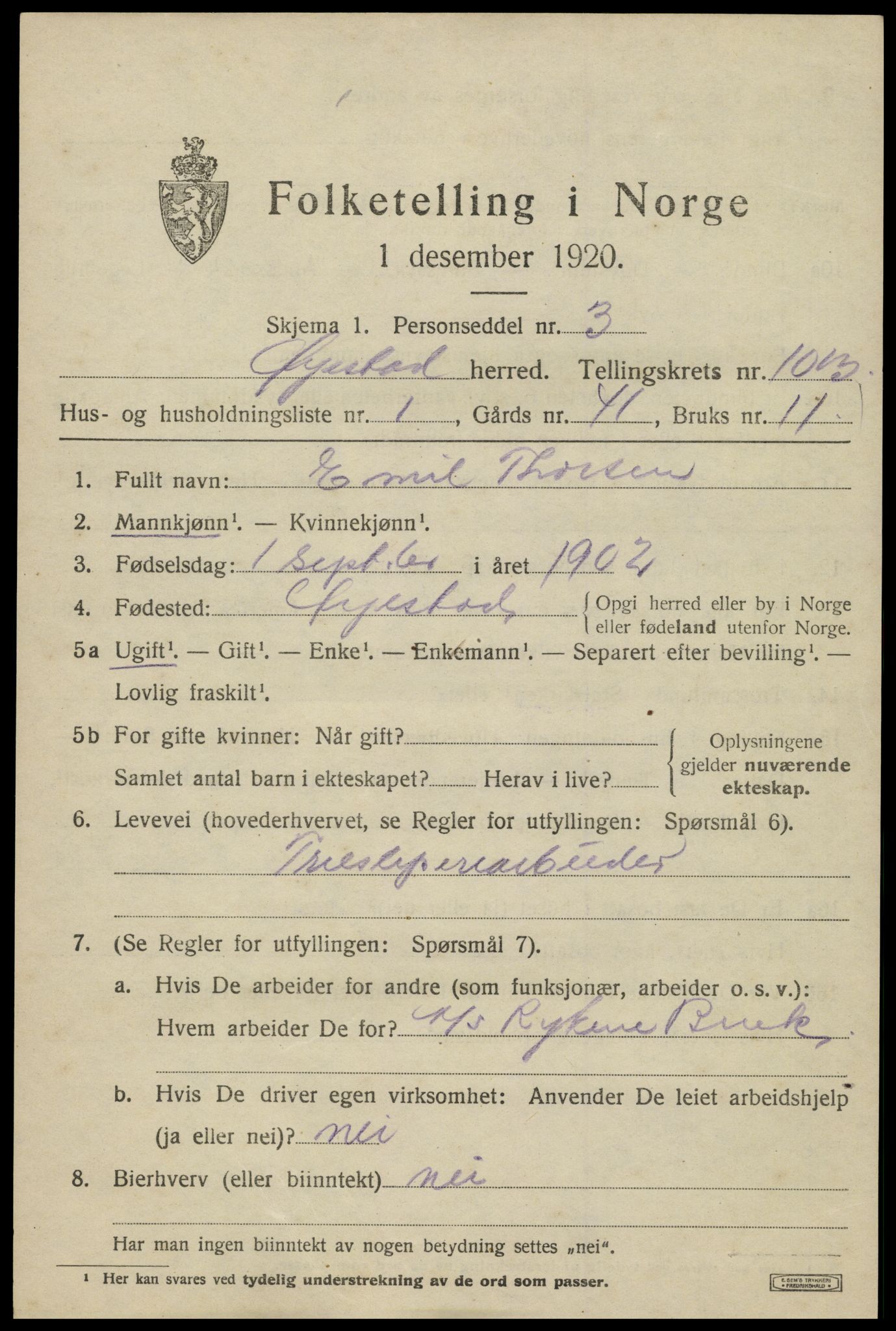 SAK, 1920 census for Øyestad, 1920, p. 6398