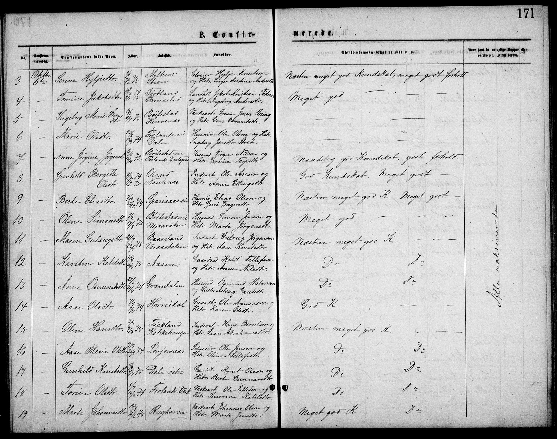 Froland sokneprestkontor, SAK/1111-0013/F/Fb/L0009: Parish register (copy) no. B 9, 1875-1893, p. 171