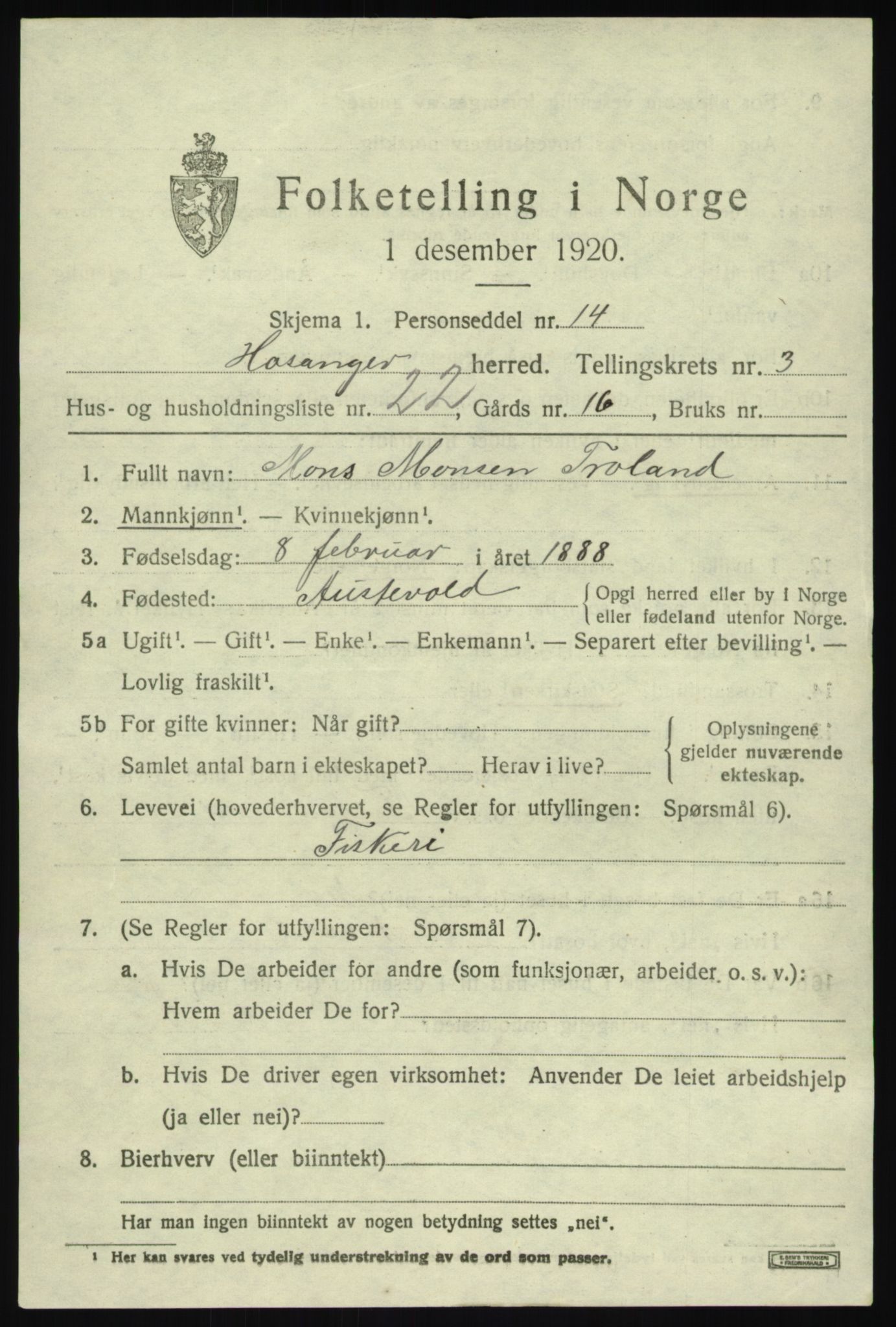 SAB, 1920 census for Hosanger, 1920, p. 1899