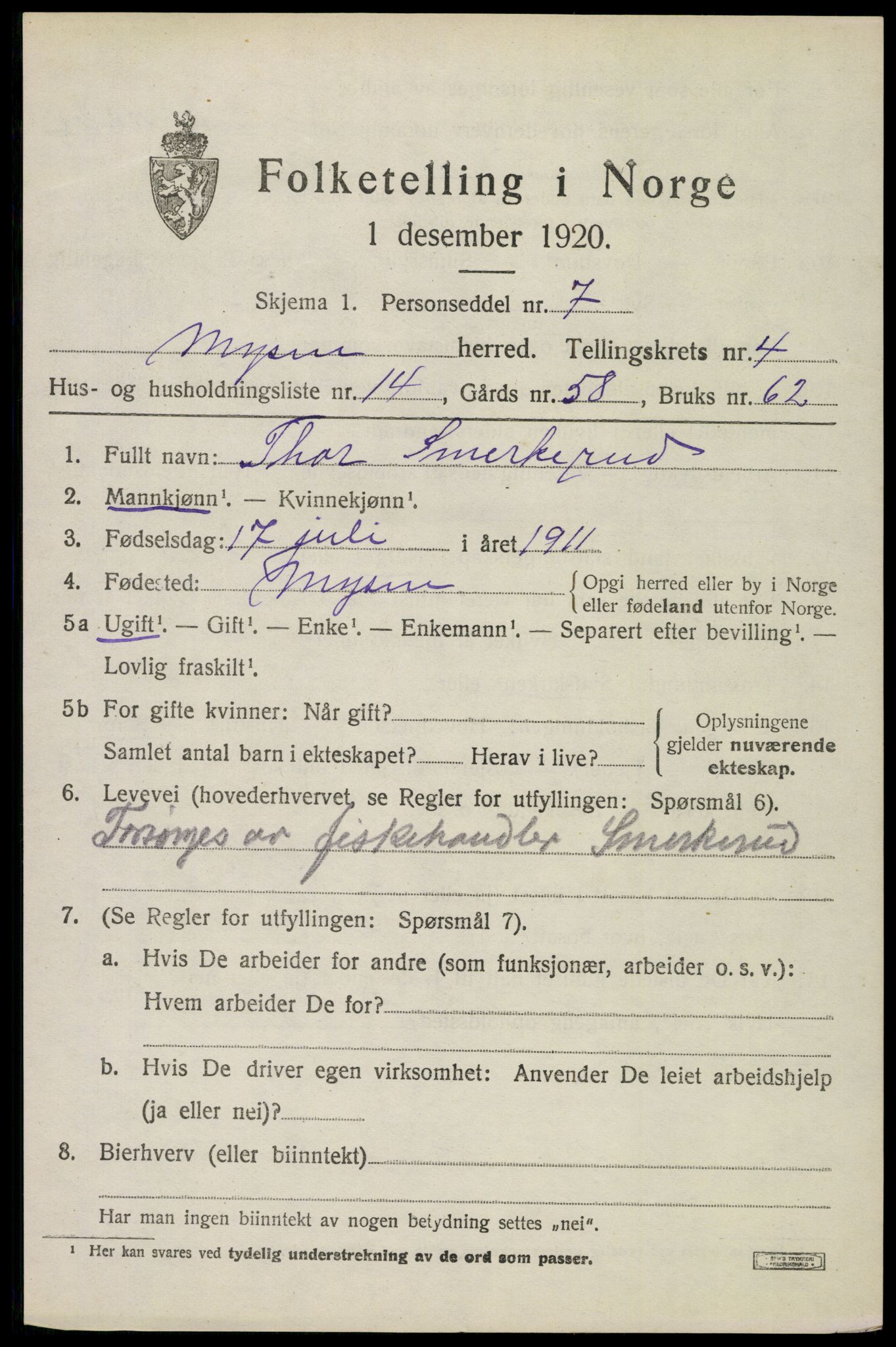 SAO, 1920 census for Mysen, 1920, p. 2665