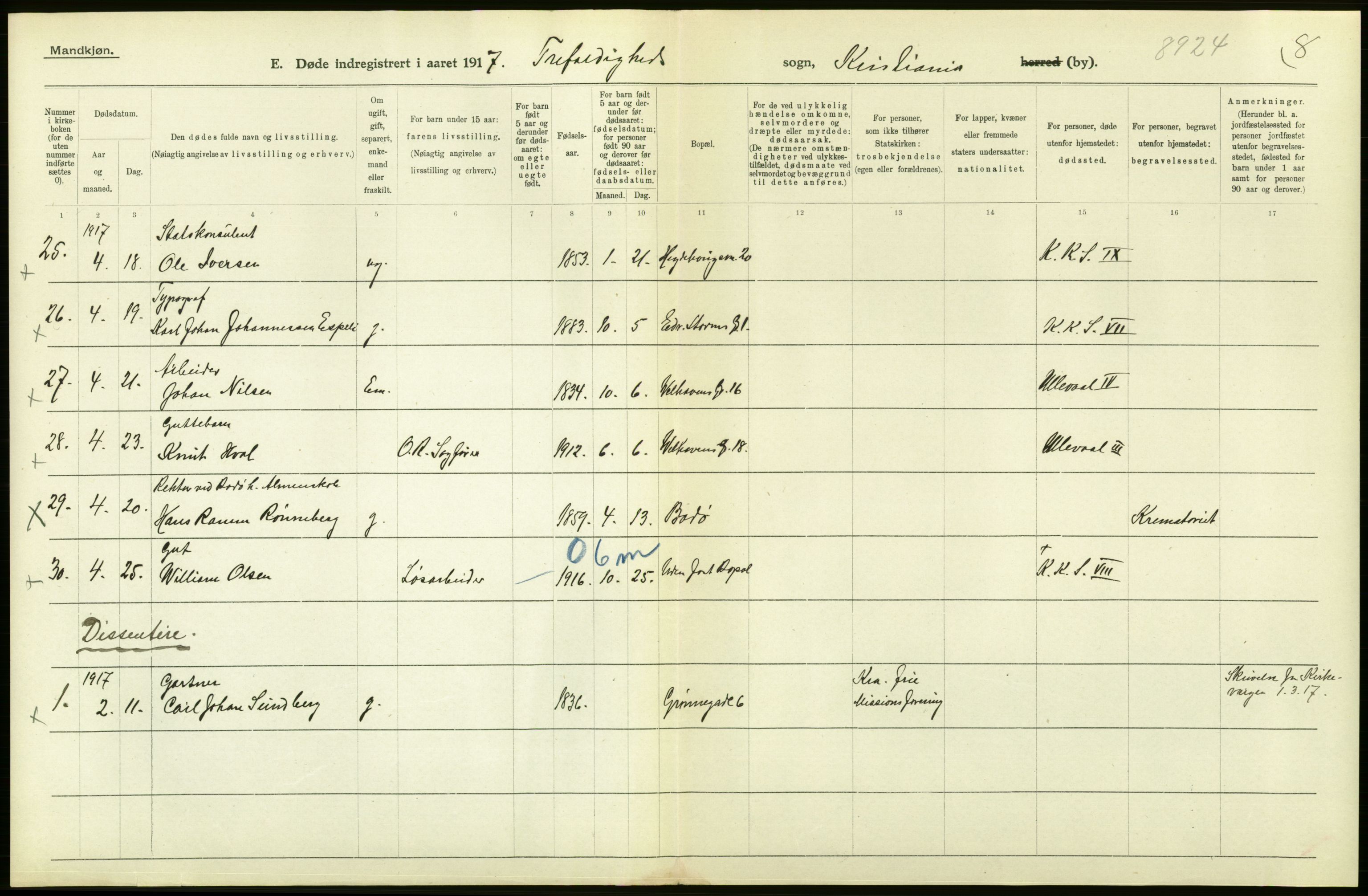 Statistisk sentralbyrå, Sosiodemografiske emner, Befolkning, AV/RA-S-2228/D/Df/Dfb/Dfbg/L0010: Kristiania: Døde, 1917, p. 662