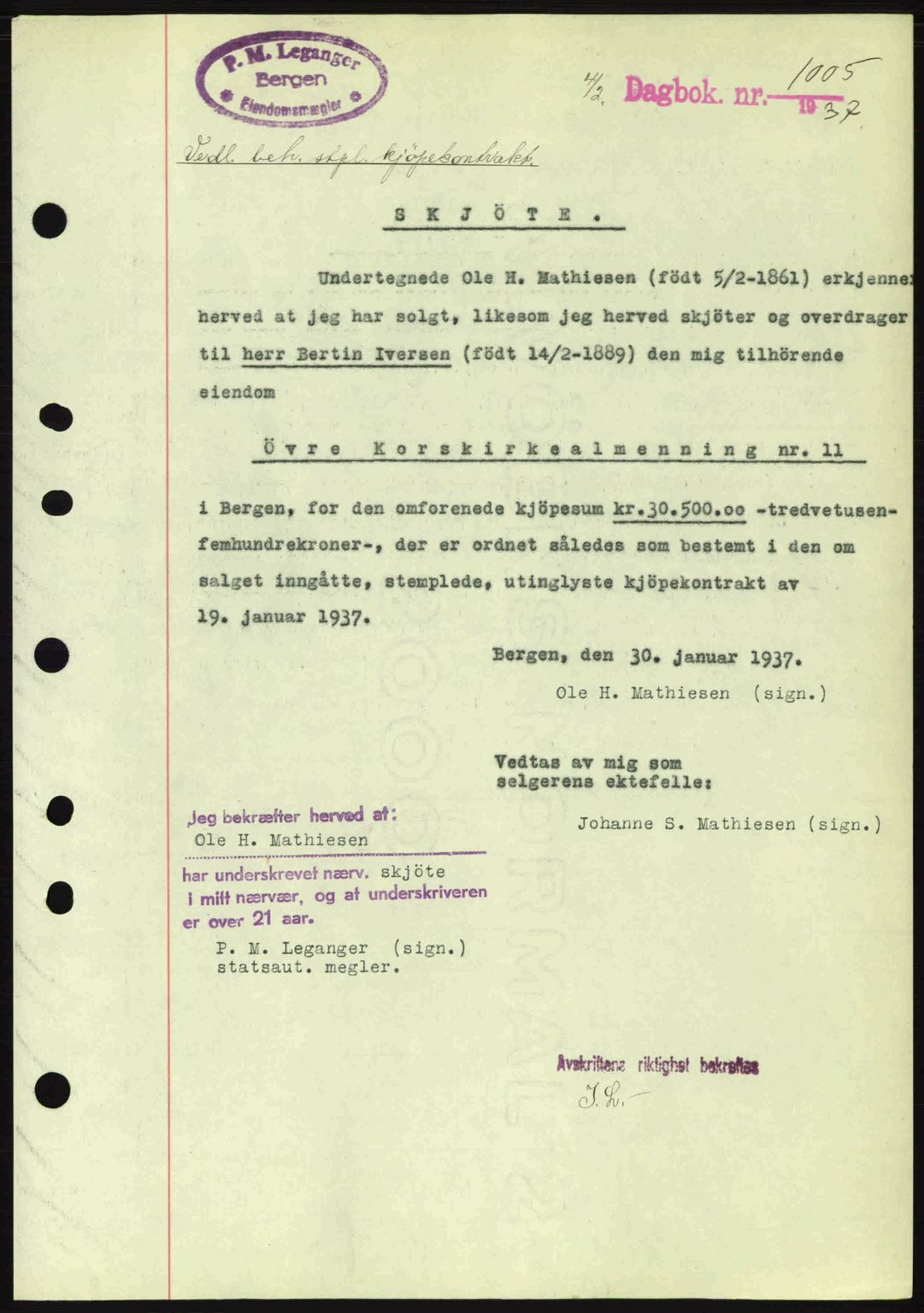 Byfogd og Byskriver i Bergen, SAB/A-3401/03/03Bc/L0004: Mortgage book no. A3-4, 1936-1937, Diary no: : 1005/1937