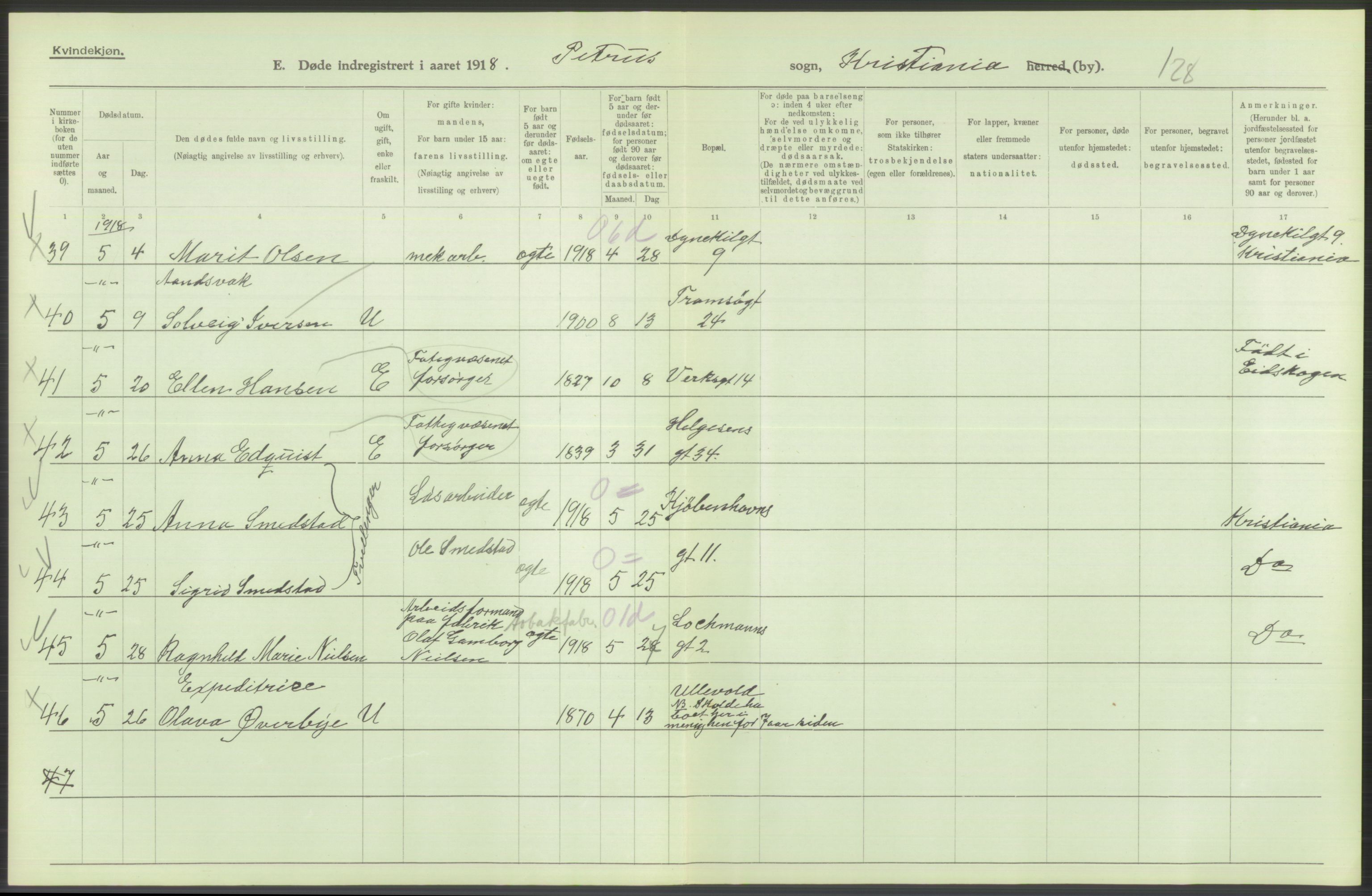 Statistisk sentralbyrå, Sosiodemografiske emner, Befolkning, AV/RA-S-2228/D/Df/Dfb/Dfbh/L0010: Kristiania: Døde, 1918, p. 600