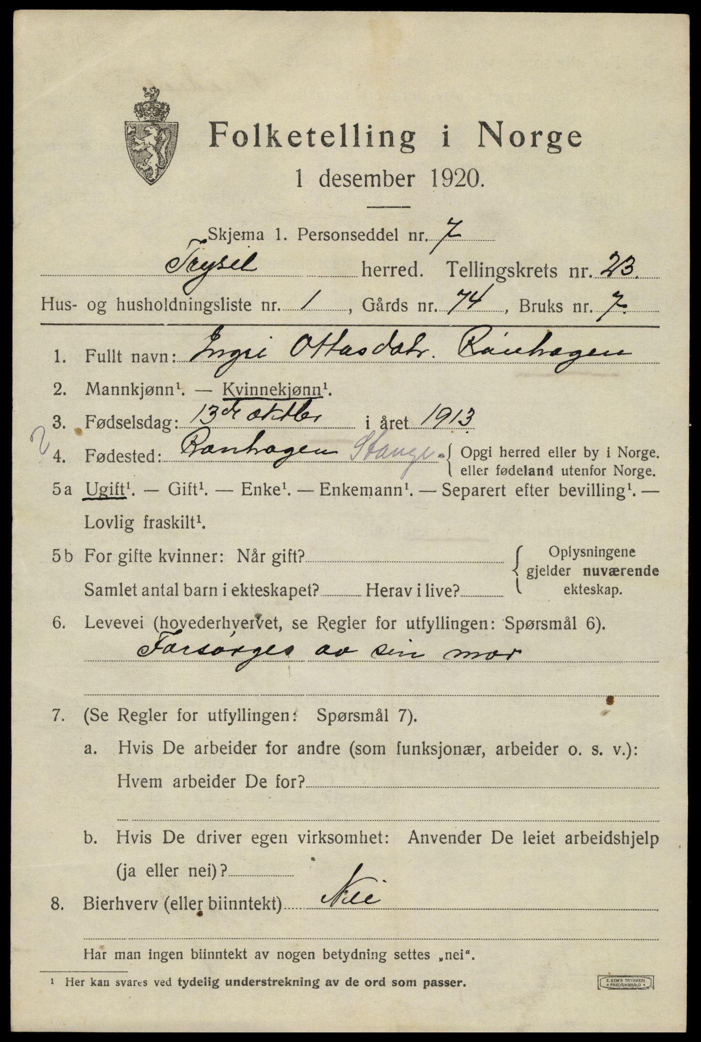 SAH, 1920 census for Trysil, 1920, p. 14859
