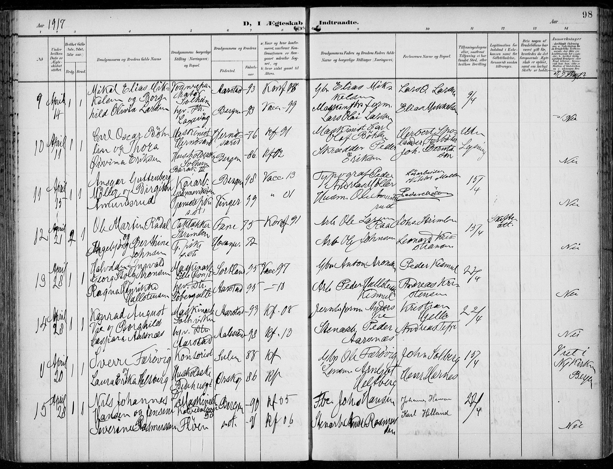 Årstad Sokneprestembete, AV/SAB-A-79301/H/Haa/L0009: Parish register (official) no. C 1, 1902-1918, p. 98