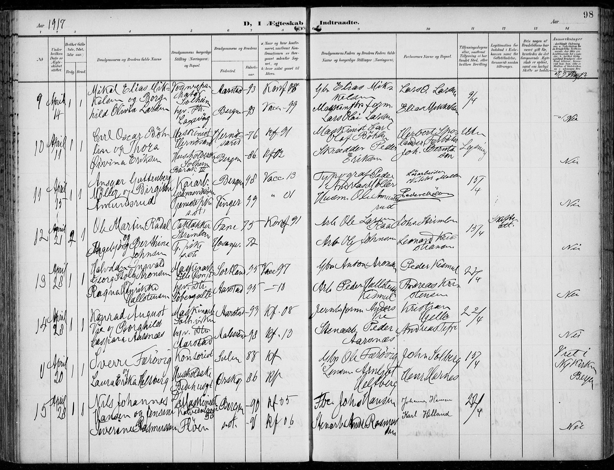 Årstad Sokneprestembete, AV/SAB-A-79301/H/Haa/L0009: Parish register (official) no. C 1, 1902-1918, p. 98