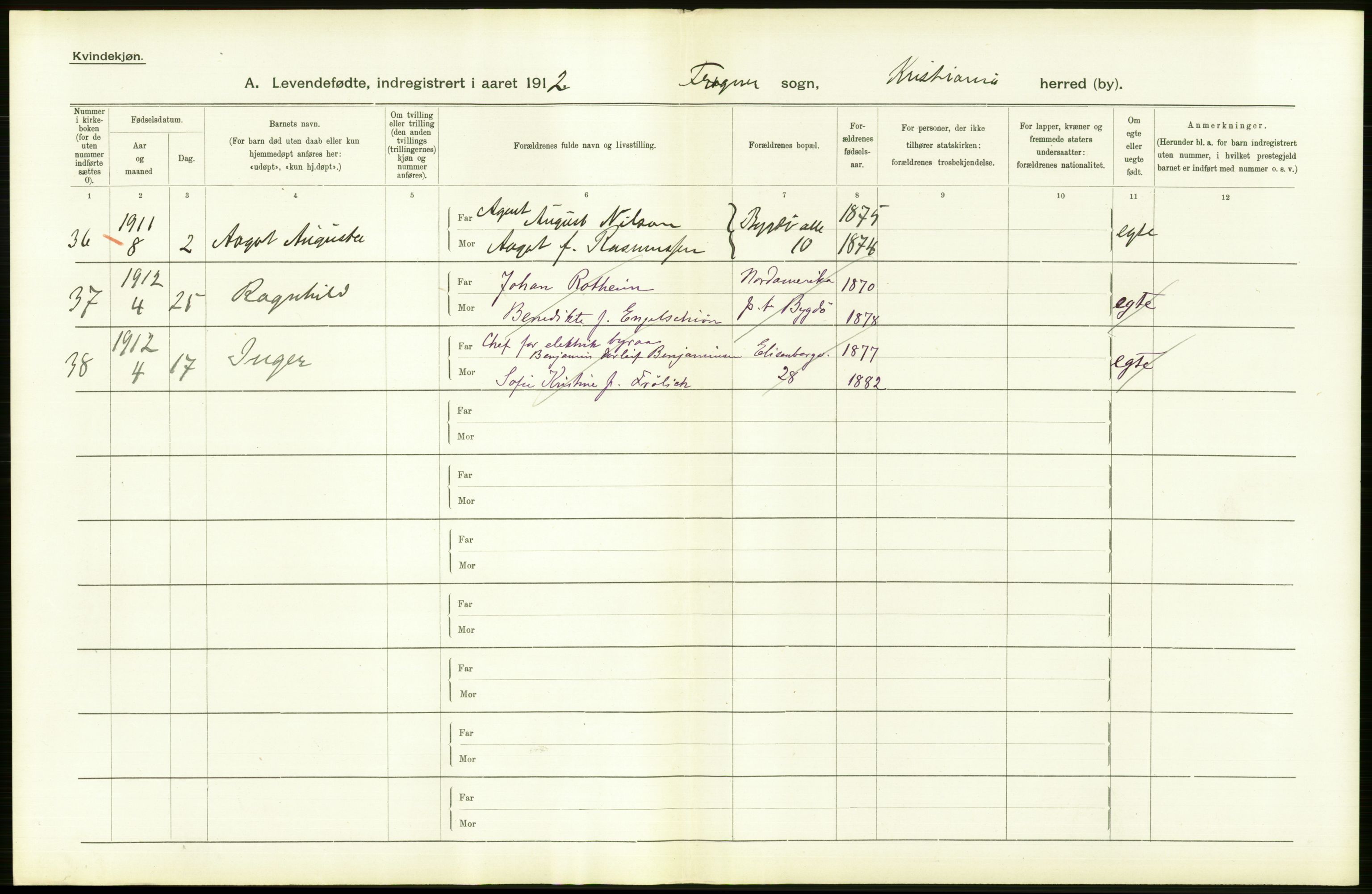 Statistisk sentralbyrå, Sosiodemografiske emner, Befolkning, RA/S-2228/D/Df/Dfb/Dfbb/L0007: Kristiania:  Levendefødte menn og kvinner., 1912, p. 478