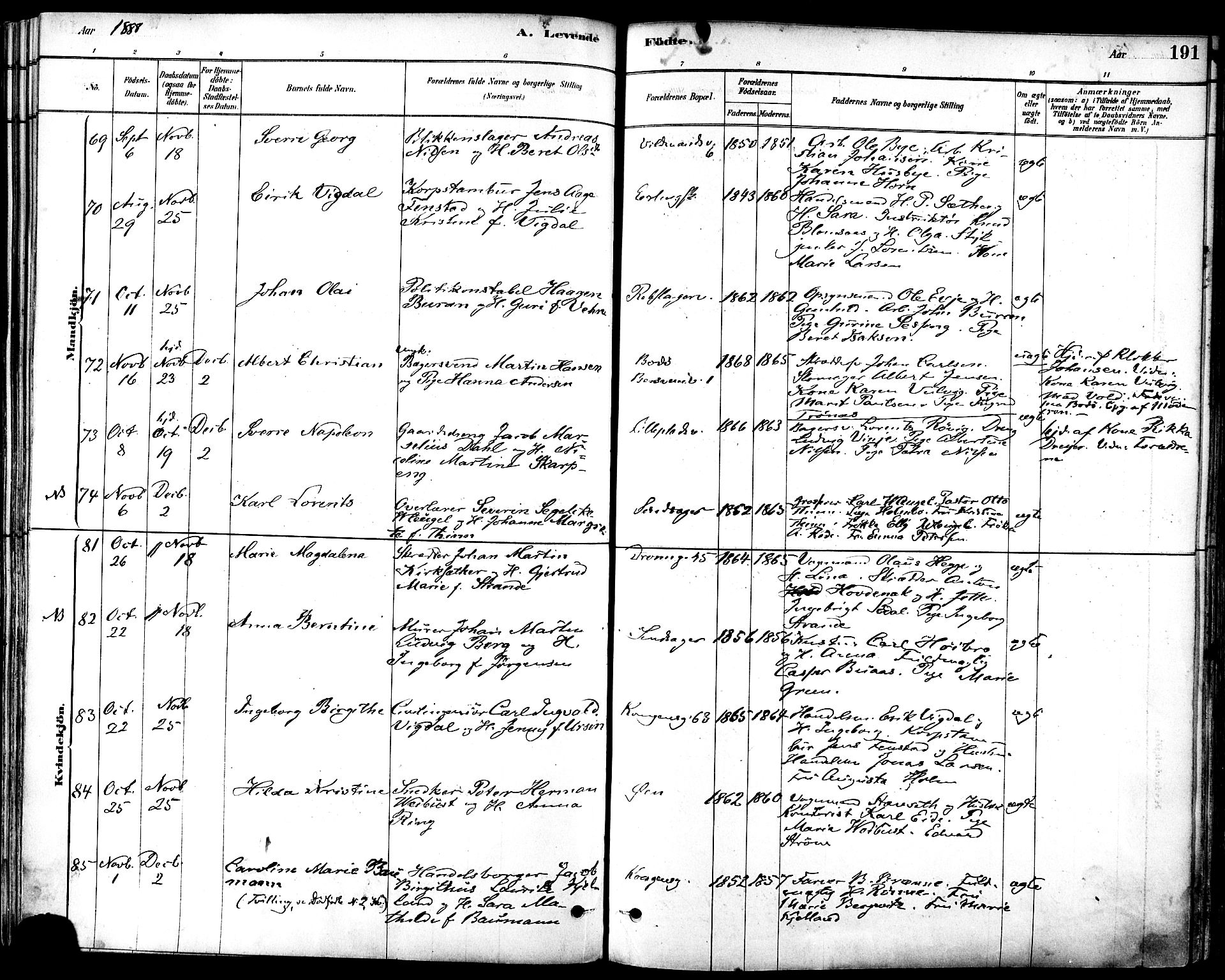 Ministerialprotokoller, klokkerbøker og fødselsregistre - Sør-Trøndelag, SAT/A-1456/601/L0057: Parish register (official) no. 601A25, 1877-1891, p. 191
