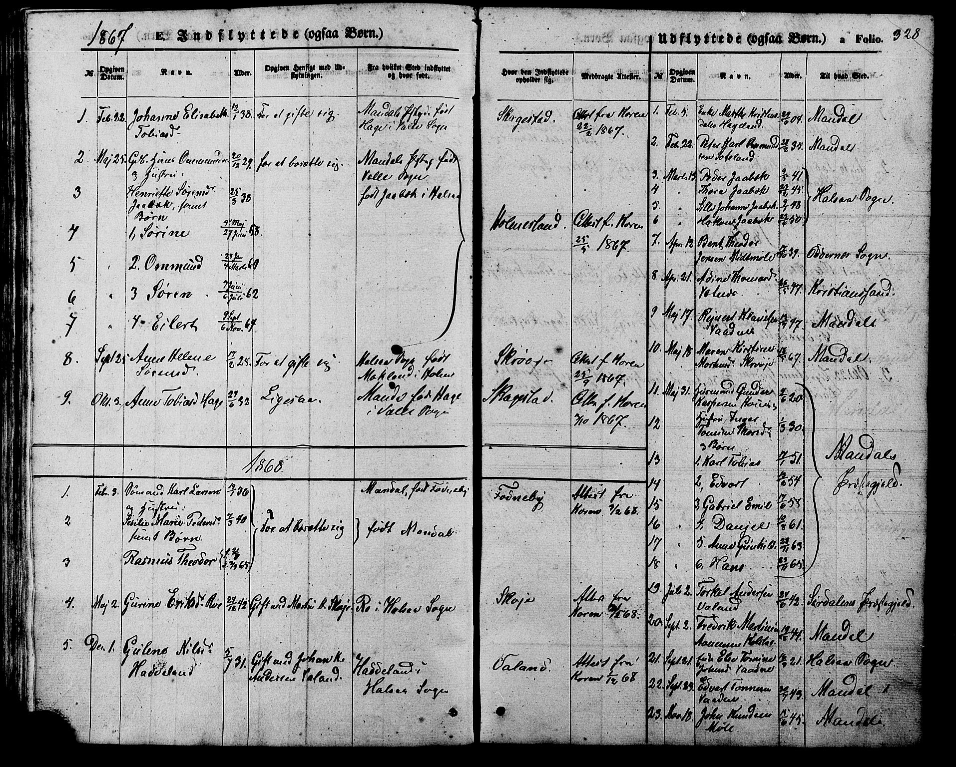 Holum sokneprestkontor, SAK/1111-0022/F/Fb/Fba/L0004: Parish register (copy) no. B 4, 1867-1890, p. 328