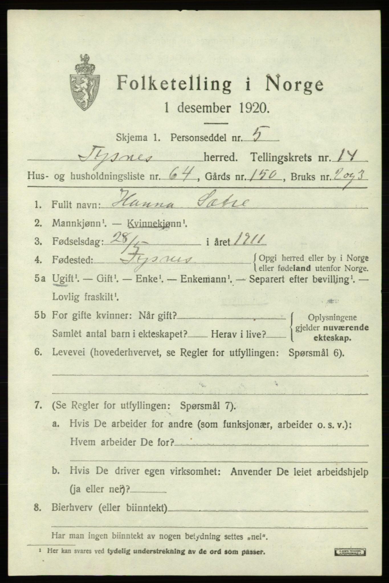 SAB, 1920 census for Tysnes, 1920, p. 9934