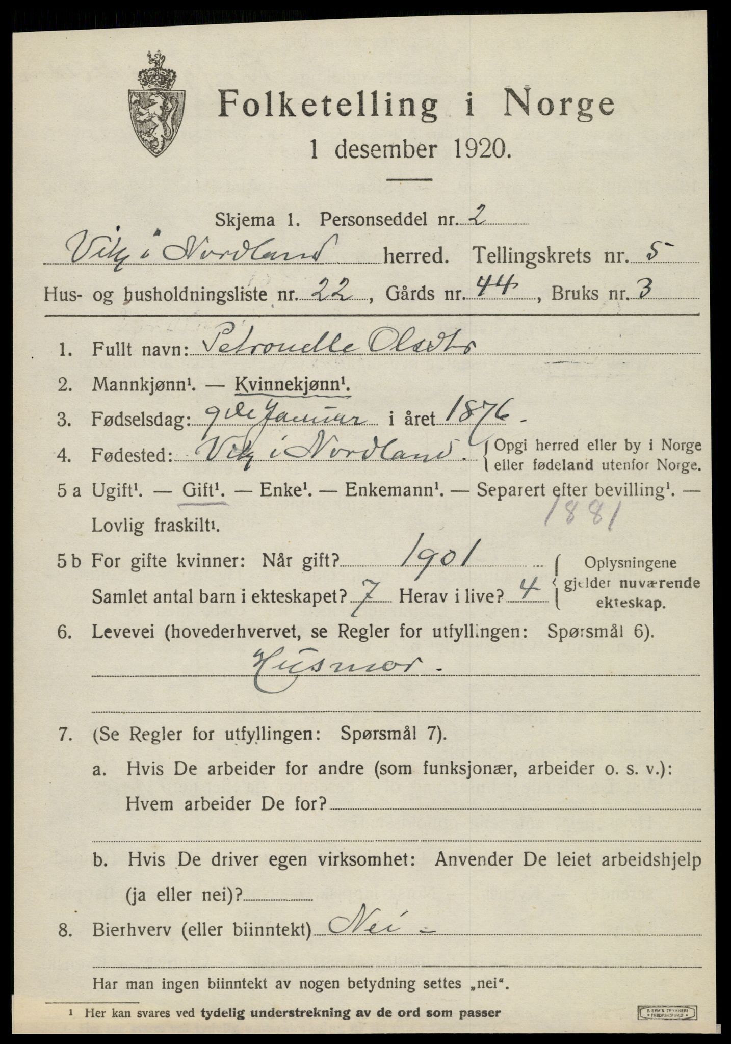 SAT, 1920 census for Vik, 1920, p. 3169