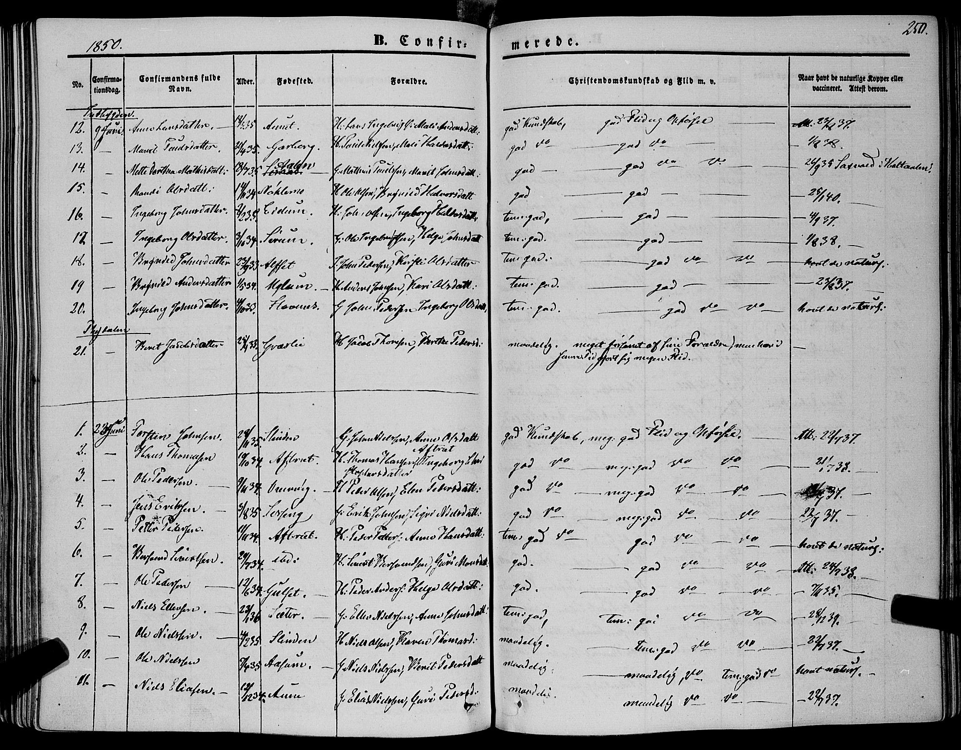 Ministerialprotokoller, klokkerbøker og fødselsregistre - Sør-Trøndelag, AV/SAT-A-1456/695/L1145: Parish register (official) no. 695A06 /1, 1843-1859, p. 250