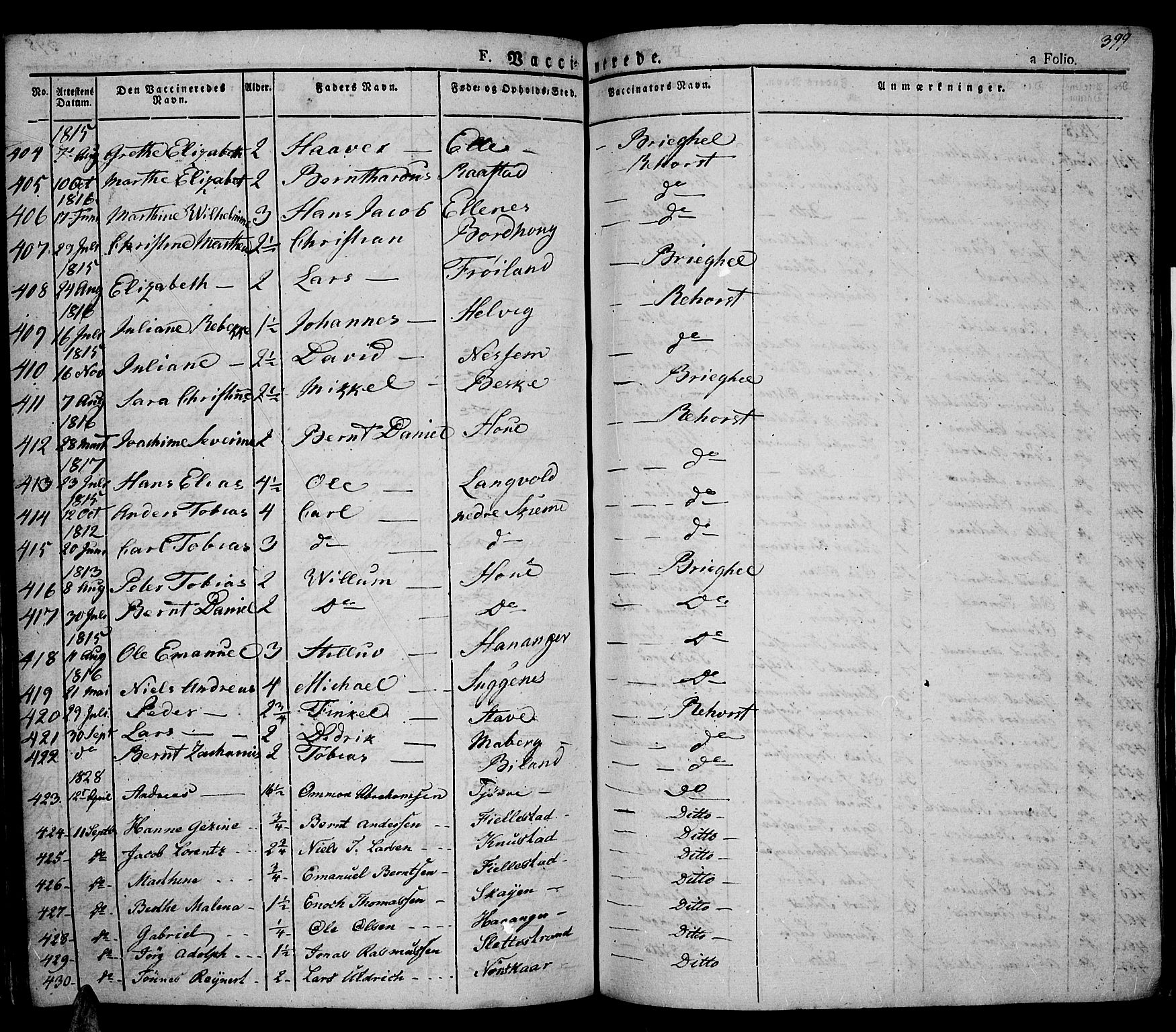 Lista sokneprestkontor, AV/SAK-1111-0027/F/Fa/L0008: Parish register (official) no. A 8, 1823-1835, p. 399