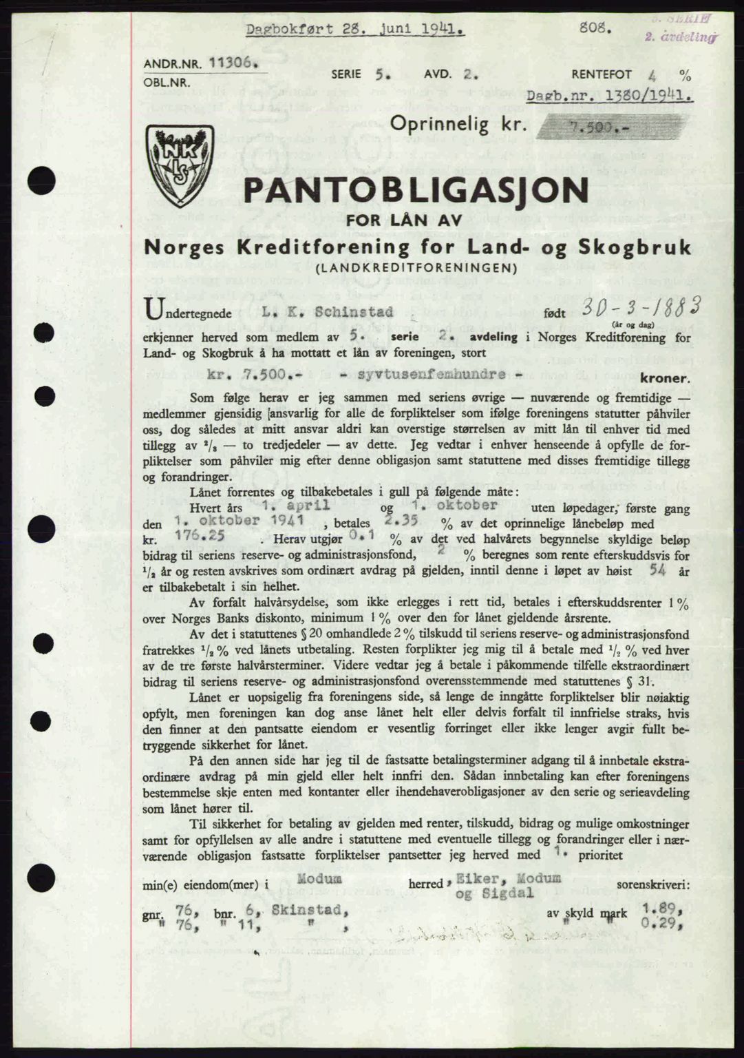 Eiker, Modum og Sigdal sorenskriveri, SAKO/A-123/G/Ga/Gab/L0043: Mortgage book no. A13, 1940-1941, Diary no: : 1380/1941