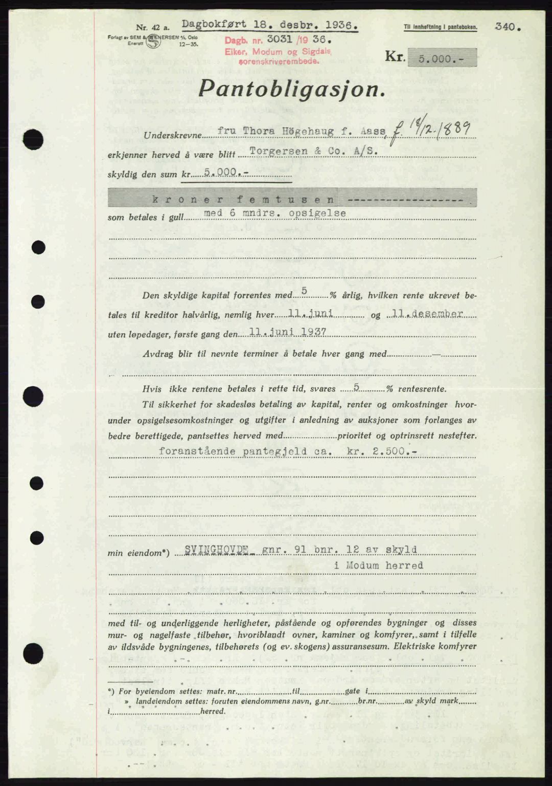 Eiker, Modum og Sigdal sorenskriveri, SAKO/A-123/G/Ga/Gab/L0034: Mortgage book no. A4, 1936-1937, Diary no: : 3031/1936
