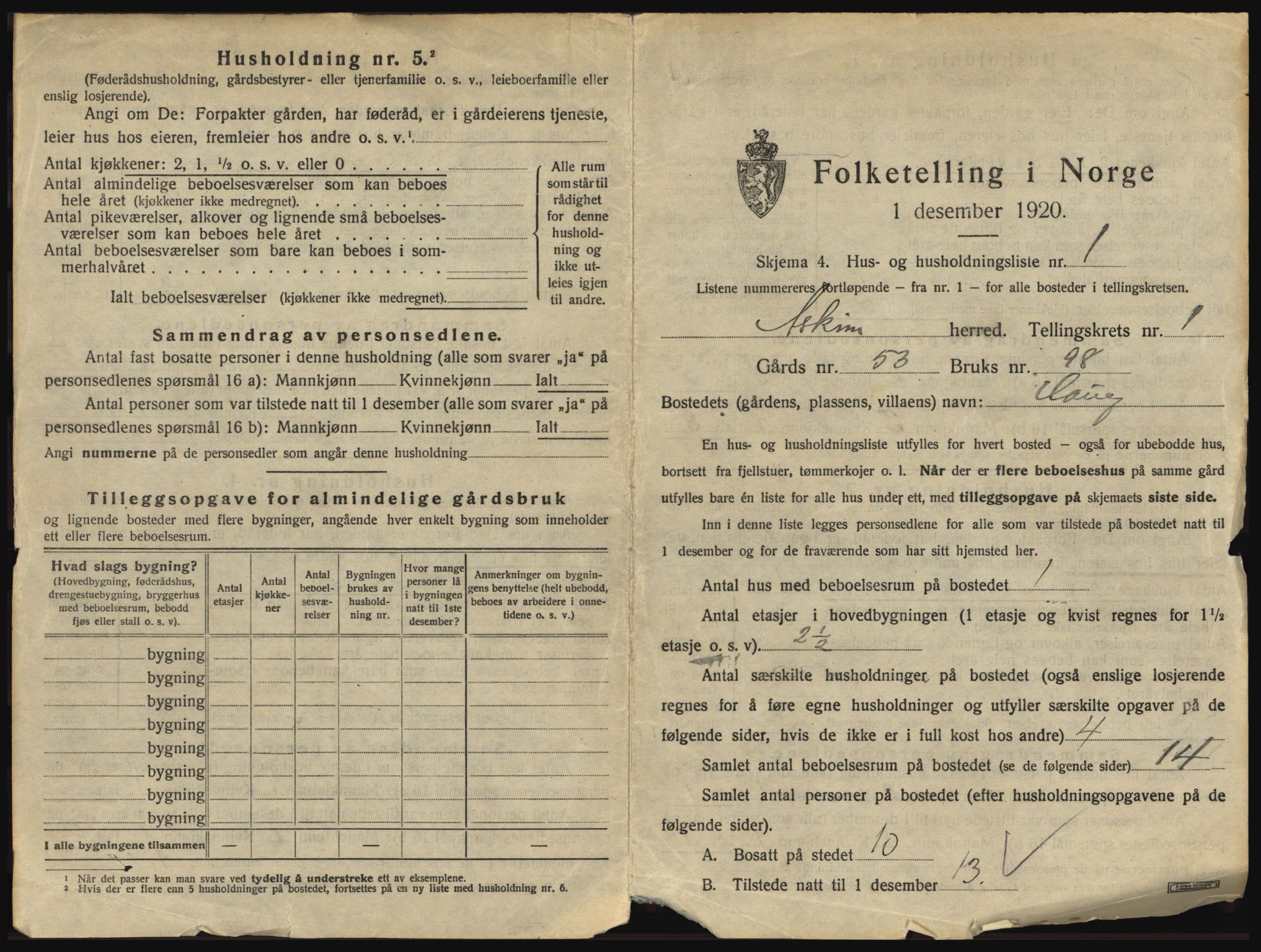 SAO, 1920 census for Askim, 1920, p. 37