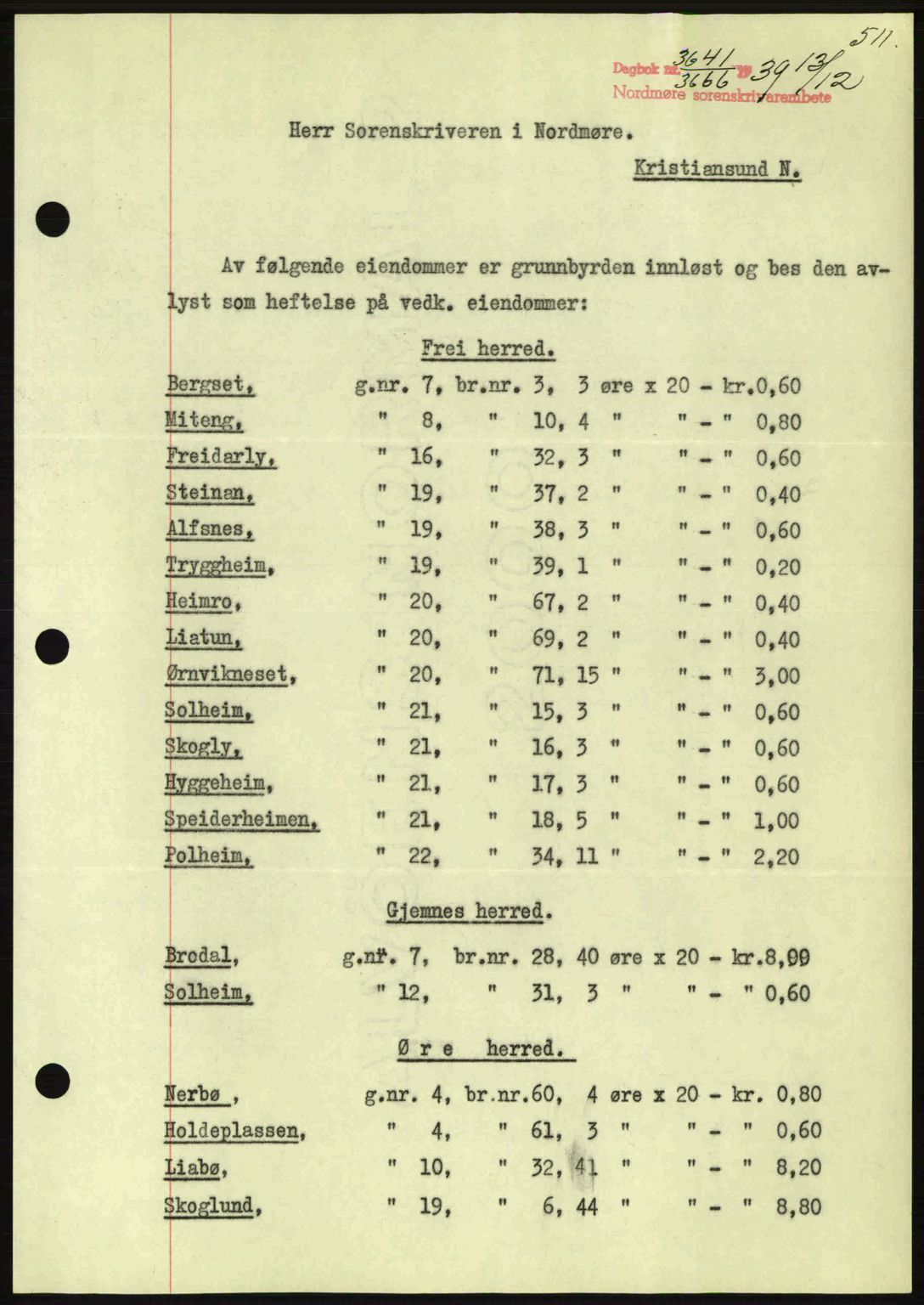 Nordmøre sorenskriveri, AV/SAT-A-4132/1/2/2Ca: Mortgage book no. B86, 1939-1940, Diary no: : 3641/1939