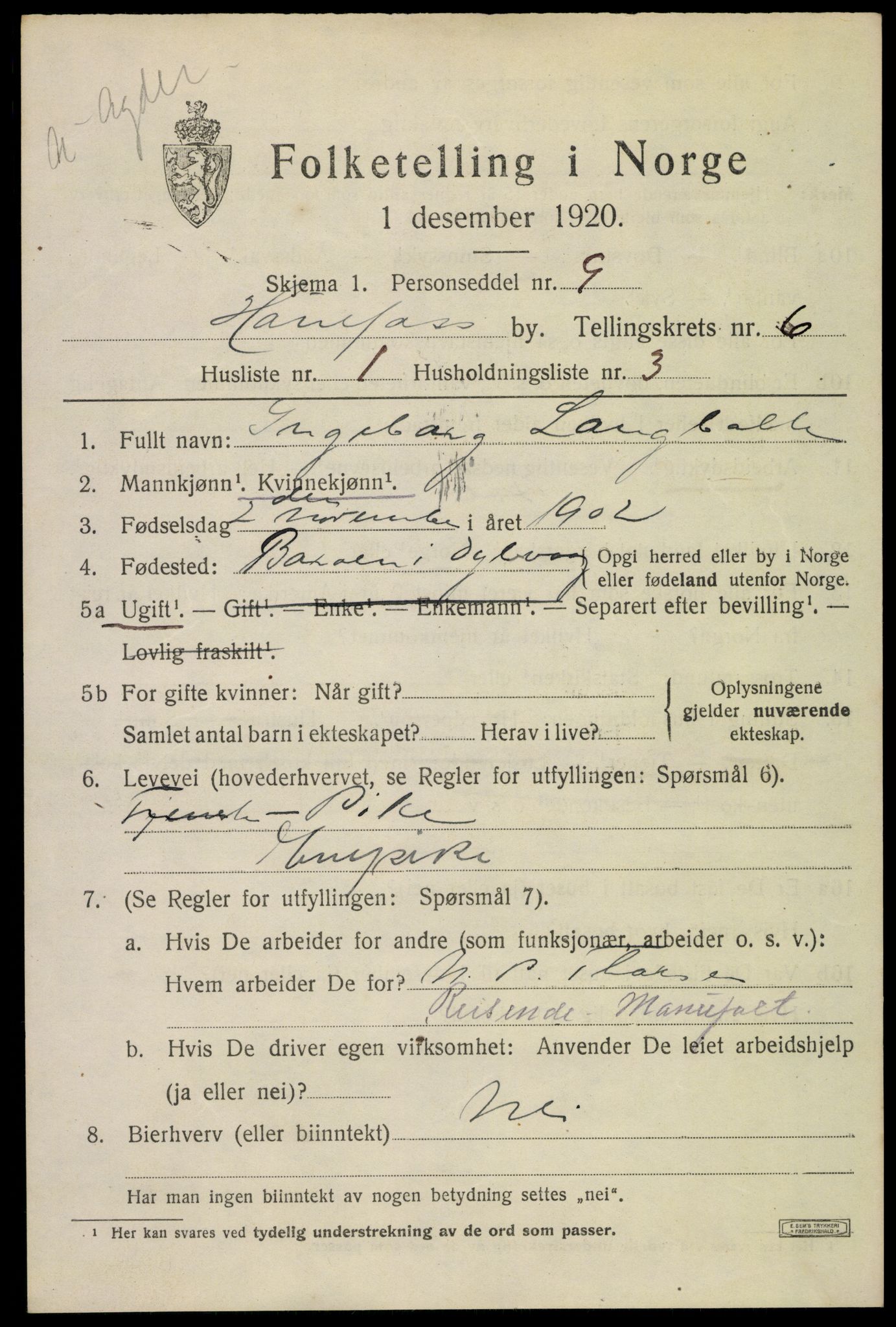 SAKO, 1920 census for Hønefoss, 1920, p. 6990