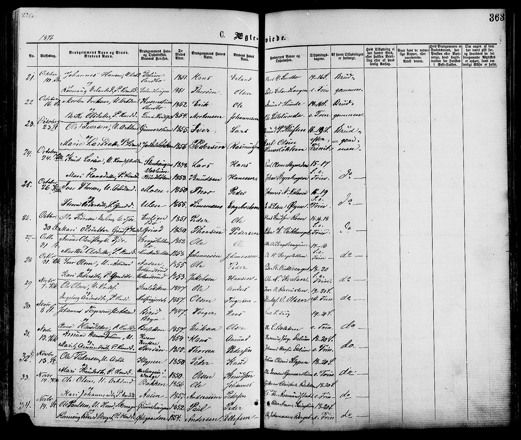 Nord-Fron prestekontor, SAH/PREST-080/H/Ha/Haa/L0002: Parish register (official) no. 2, 1865-1883, p. 363