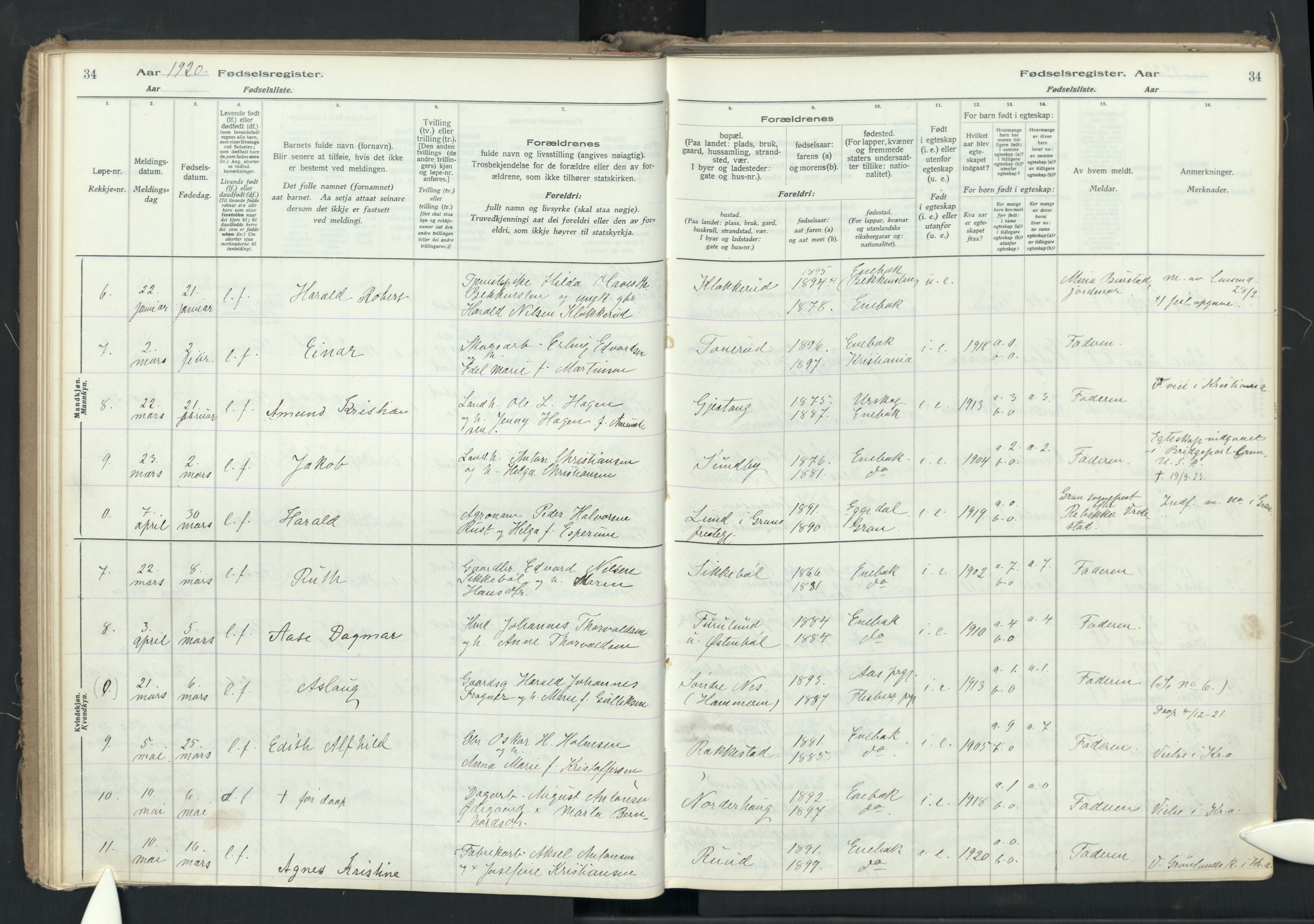 Enebakk prestekontor Kirkebøker, AV/SAO-A-10171c/J/Ja/L0001: Birth register no. I 1, 1916-1948, p. 34