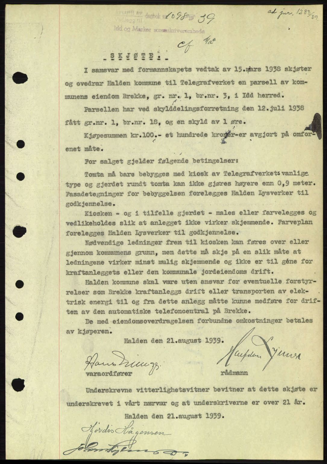 Idd og Marker sorenskriveri, AV/SAO-A-10283/G/Gb/Gbb/L0003: Mortgage book no. A3, 1938-1939, Diary no: : 1098/1939