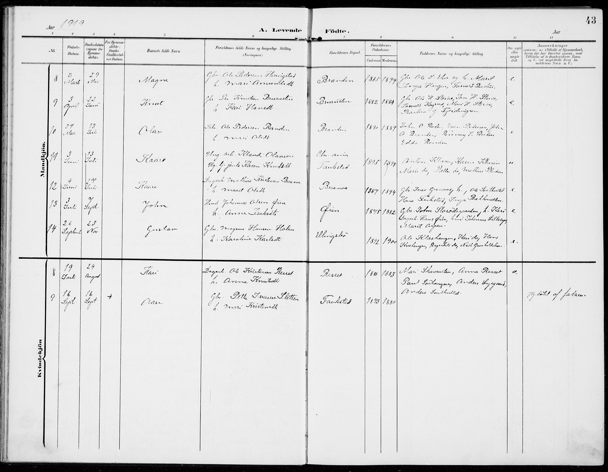 Sel prestekontor, SAH/PREST-074/H/Ha/Haa/L0001: Parish register (official) no. 1, 1905-1922, p. 43