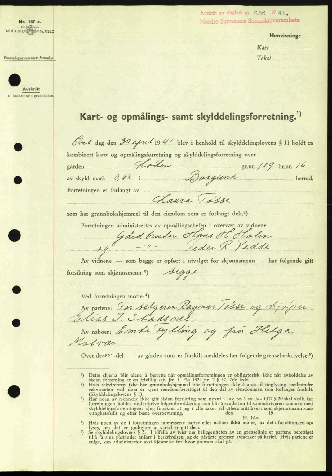 Nordre Sunnmøre sorenskriveri, AV/SAT-A-0006/1/2/2C/2Ca: Mortgage book no. A10, 1940-1941, Diary no: : 656/1941