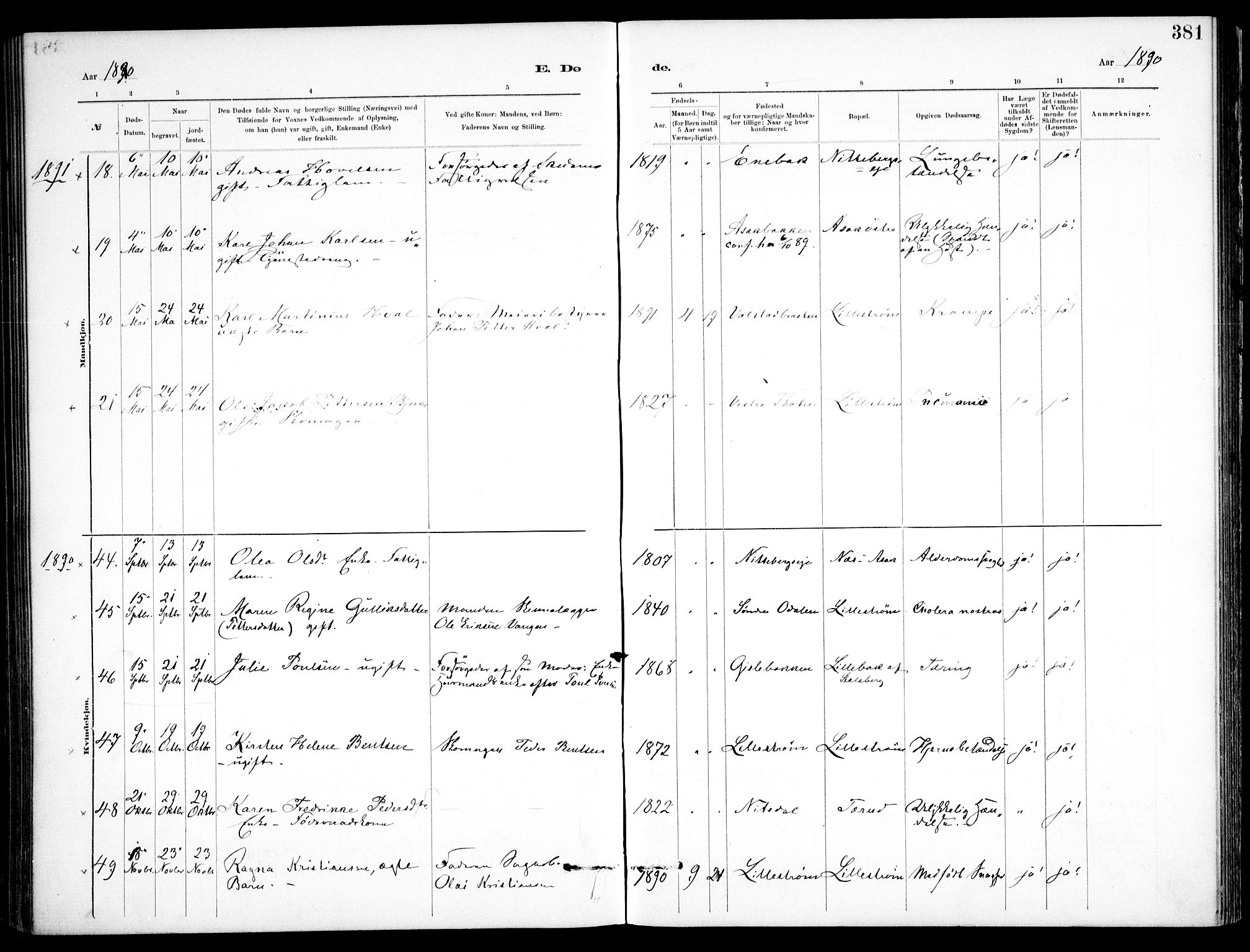 Skedsmo prestekontor Kirkebøker, SAO/A-10033a/F/Fa/L0013: Parish register (official) no. I 13, 1883-1891, p. 381