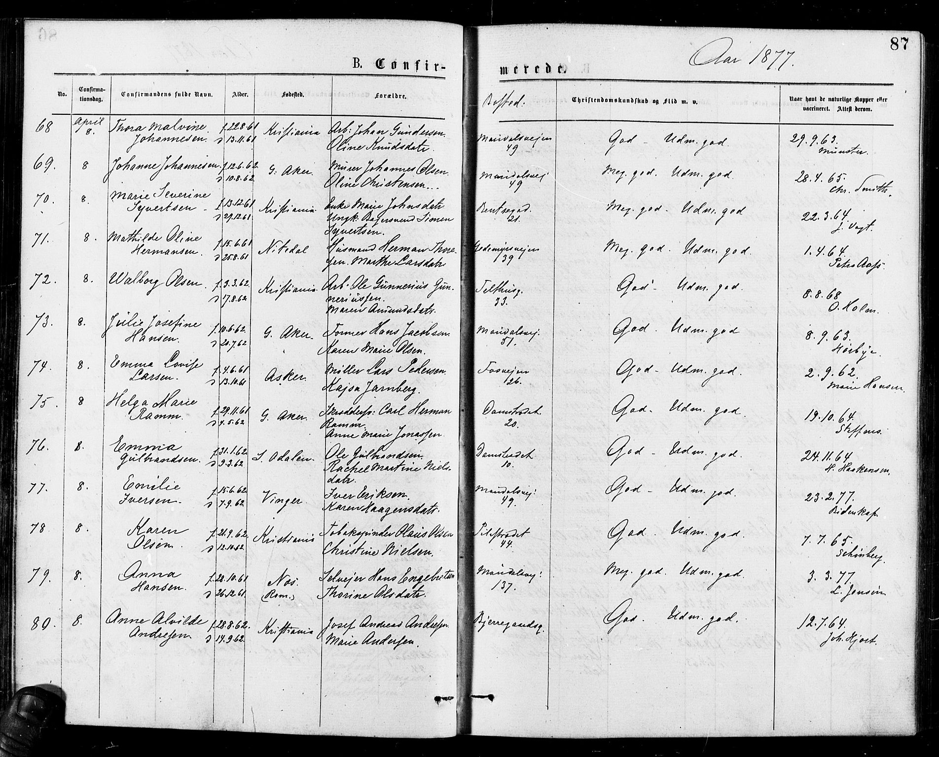 Gamle Aker prestekontor Kirkebøker, AV/SAO-A-10617a/F/L0005: Parish register (official) no. 5, 1873-1881, p. 87