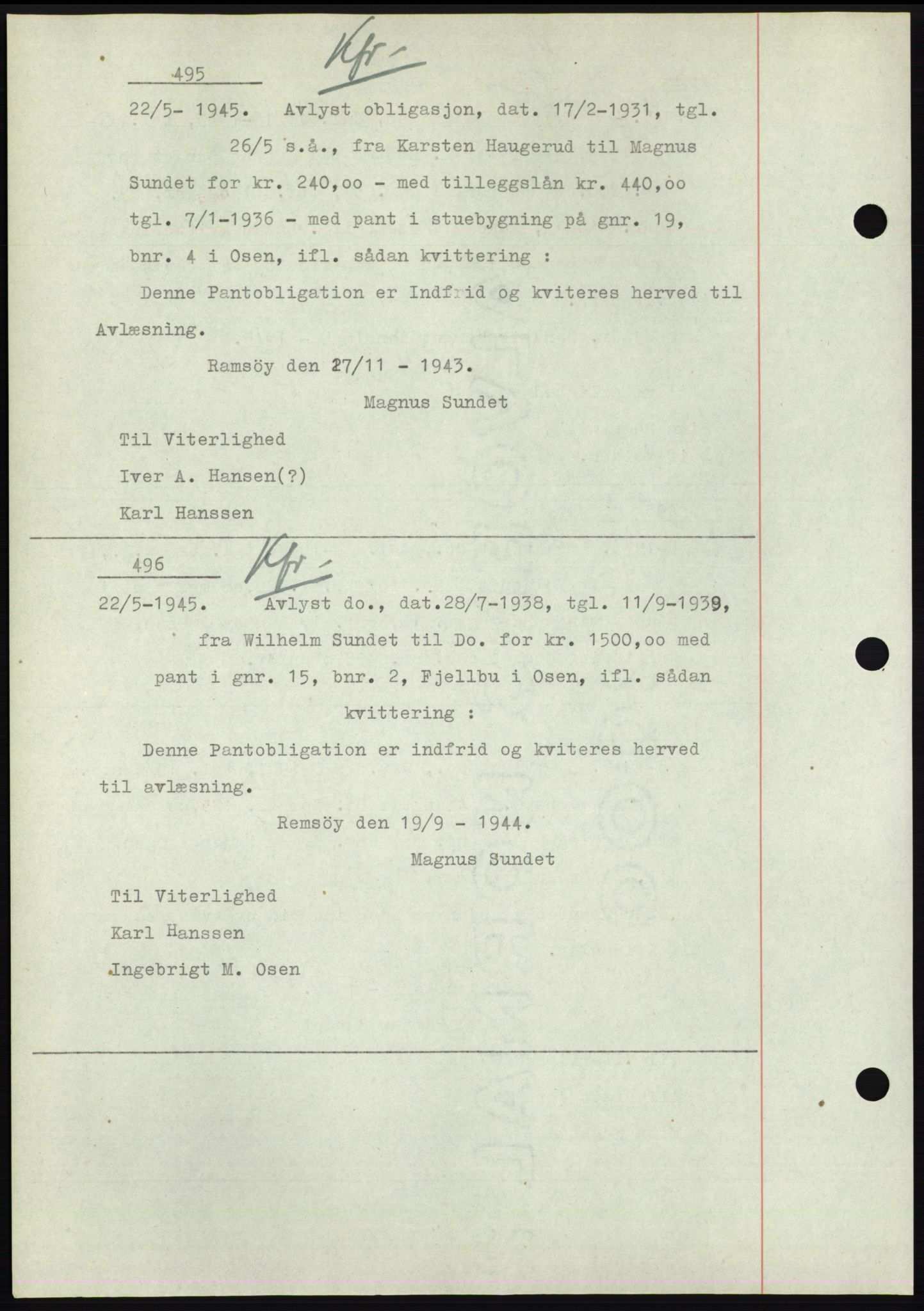 Fosen sorenskriveri, AV/SAT-A-1107/1/2/2C: Mortgage book no. B1, 1943-1946, Diary no: : 495/1945