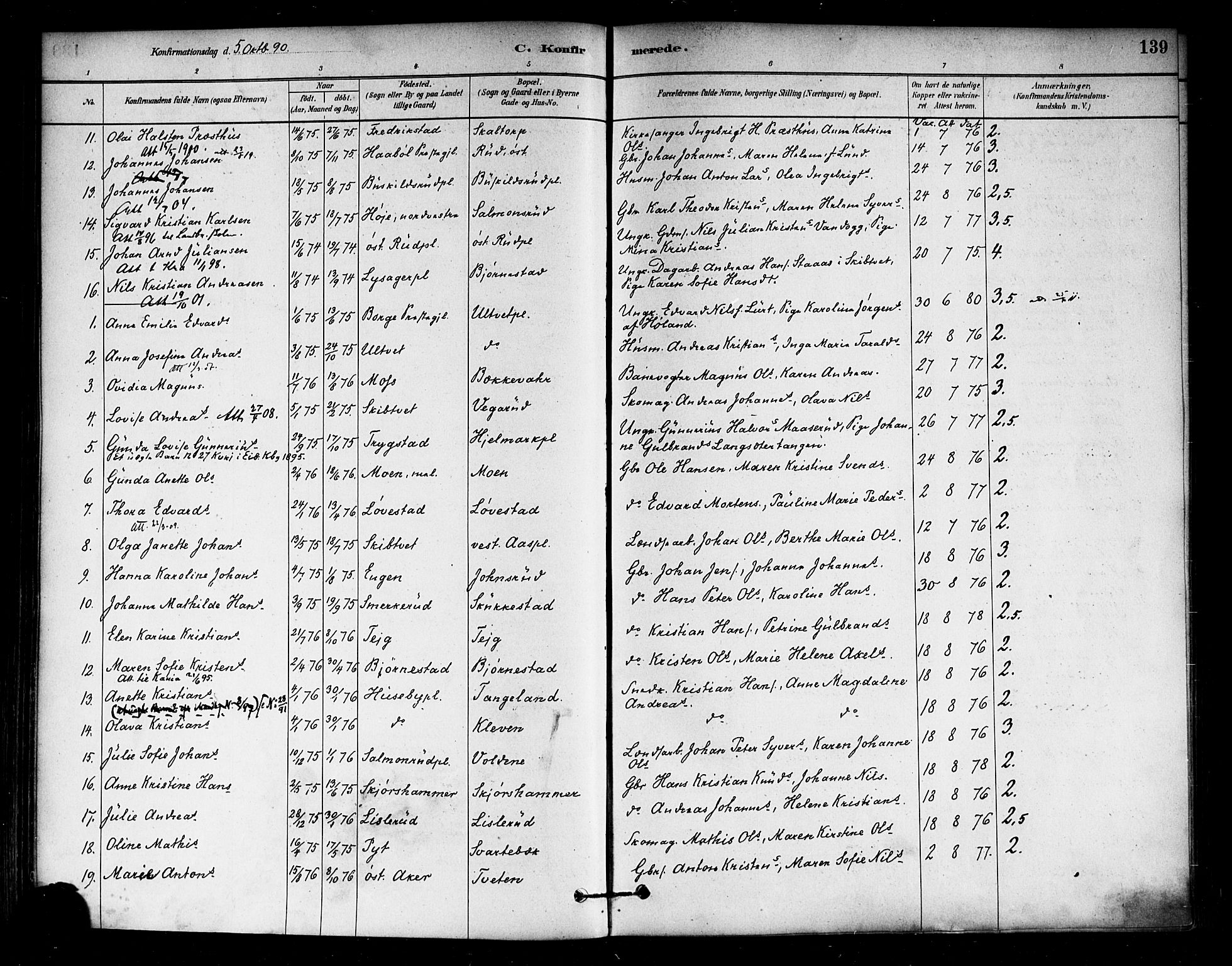 Eidsberg prestekontor Kirkebøker, AV/SAO-A-10905/F/Fa/L0012: Parish register (official) no. I 12, 1879-1901, p. 139