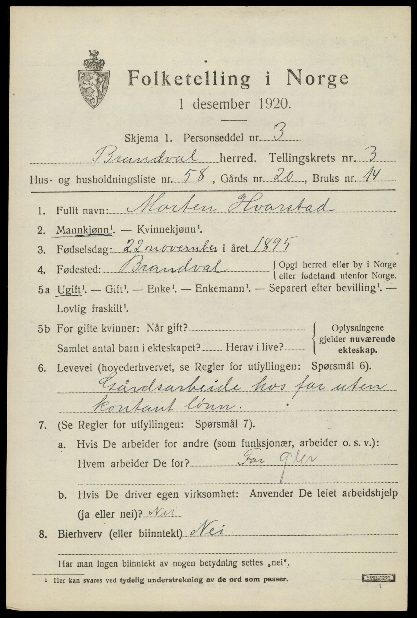 SAH, 1920 census for Brandval, 1920, p. 3756