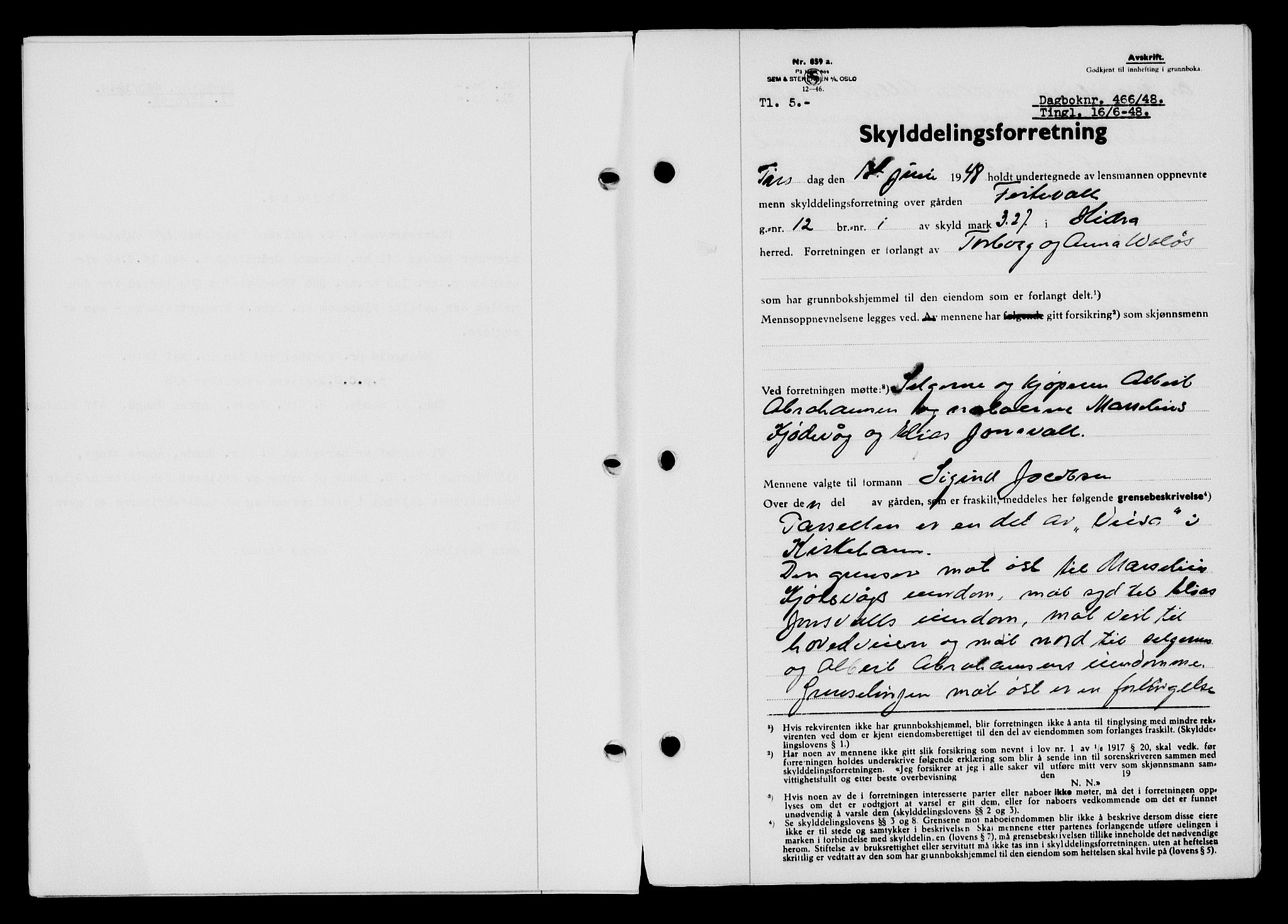 Flekkefjord sorenskriveri, SAK/1221-0001/G/Gb/Gba/L0063: Mortgage book no. A-11, 1947-1948, Diary no: : 466/1948