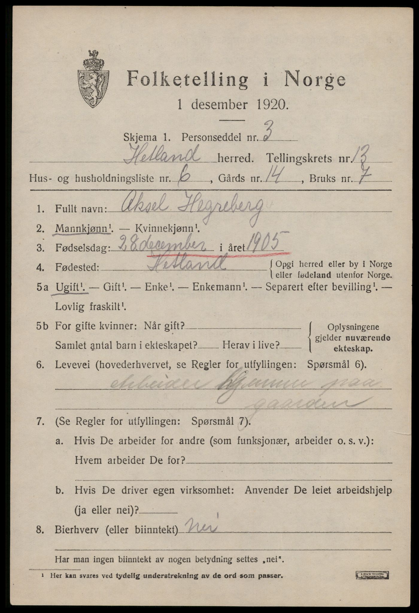 SAST, 1920 census for Hetland, 1920, p. 21701