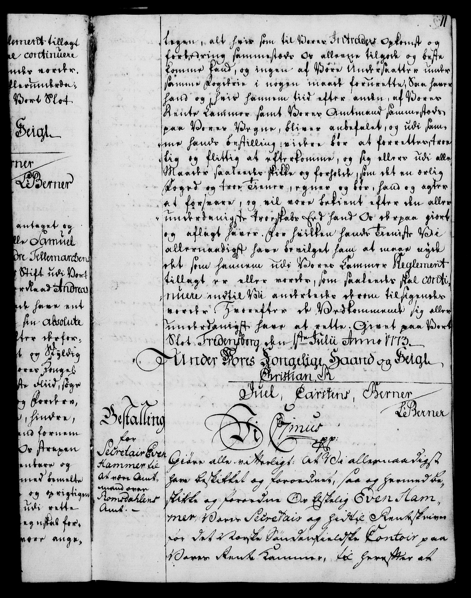 Rentekammeret, Kammerkanselliet, RA/EA-3111/G/Gg/Gge/L0006: Norsk bestallingsprotokoll med register (merket RK 53.30), 1773-1814, p. 11