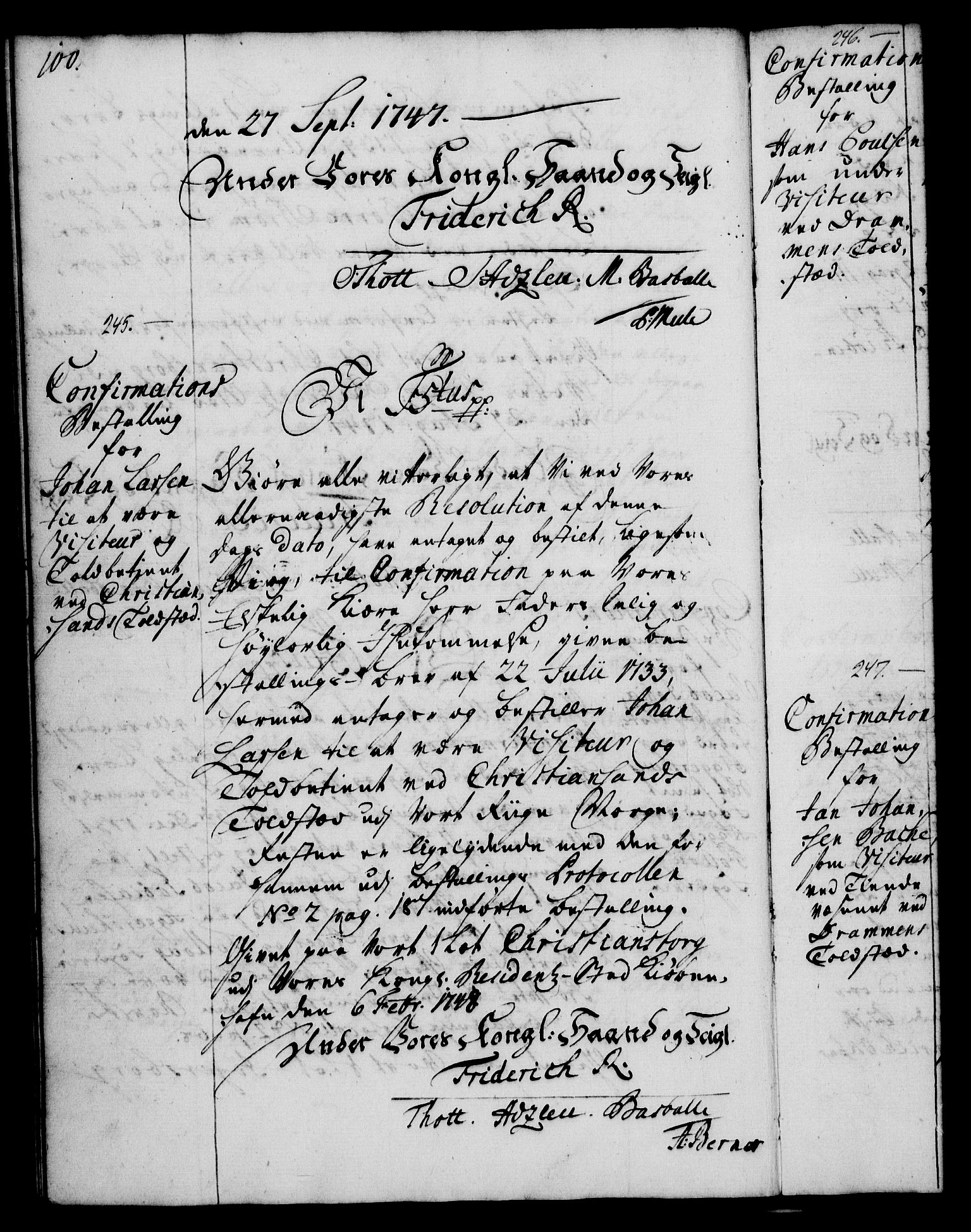 Rentekammeret, Kammerkanselliet, RA/EA-3111/G/Gg/Ggg/L0002: Norsk konfirmasjonsbestallingsprotokoll med register (merket RK 53.32), 1746-1748, p. 100