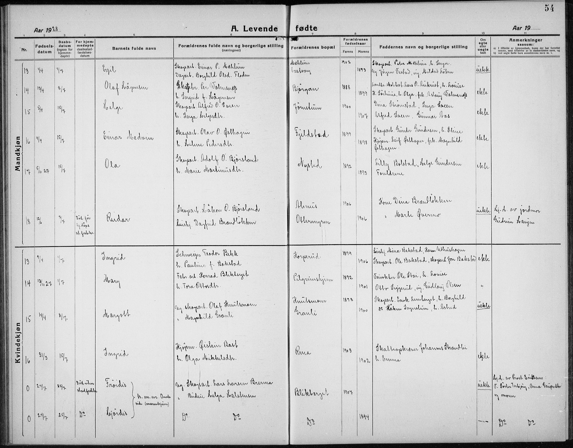 Åmot prestekontor, Hedmark, AV/SAH-PREST-056/H/Ha/Hab/L0005: Parish register (copy) no. 5, 1921-1934, p. 54