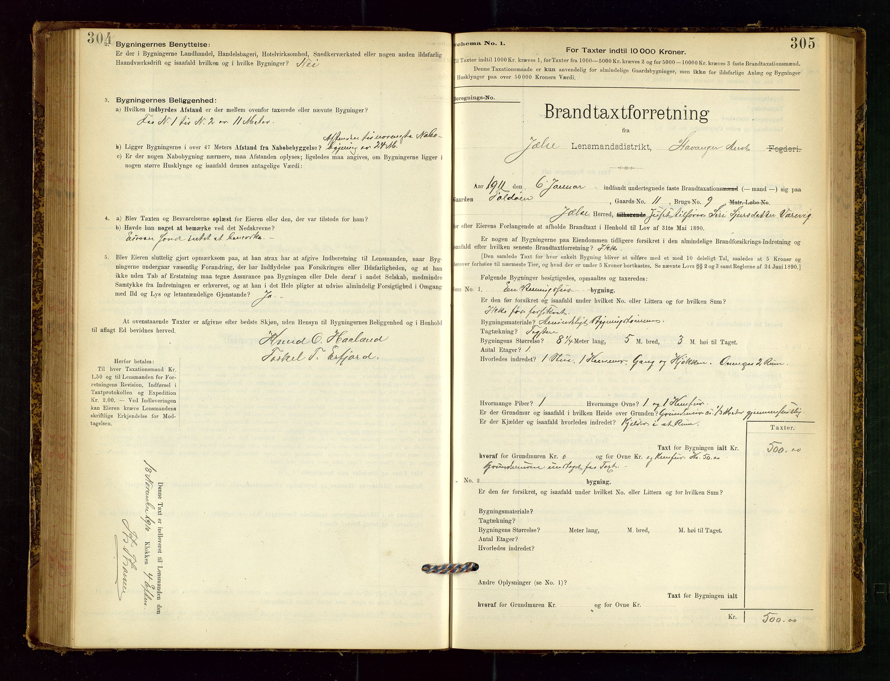 Jelsa lensmannskontor, SAST/A-100360/Gob/L0001: "Brandtaxationsprotocol", 1895-1918, p. 304-305