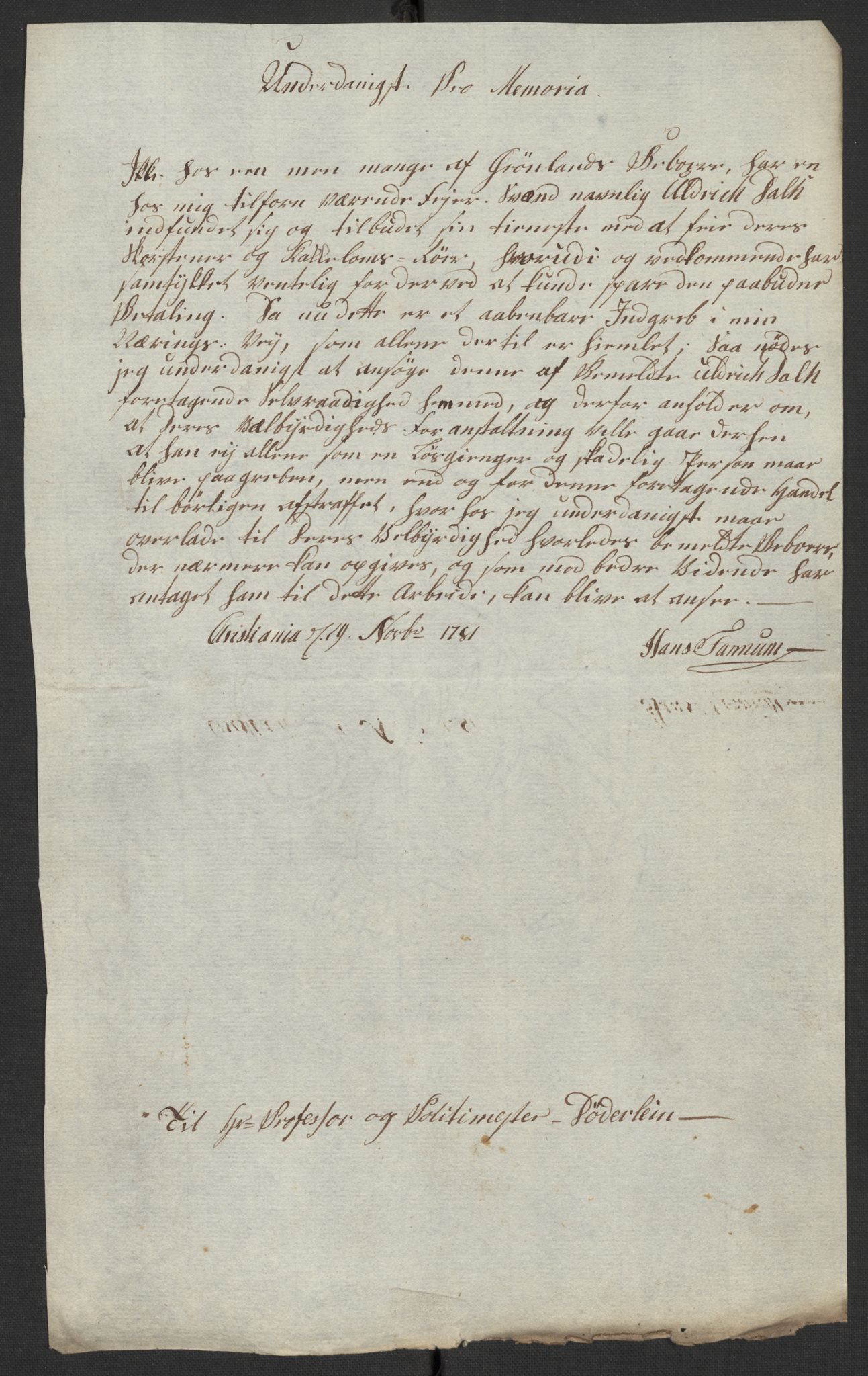 Oslo politidistrikt, AV/SAO-A-10085/D/Da/L0003: Innkomne brev, pro memoria m.v., 1781, p. 94