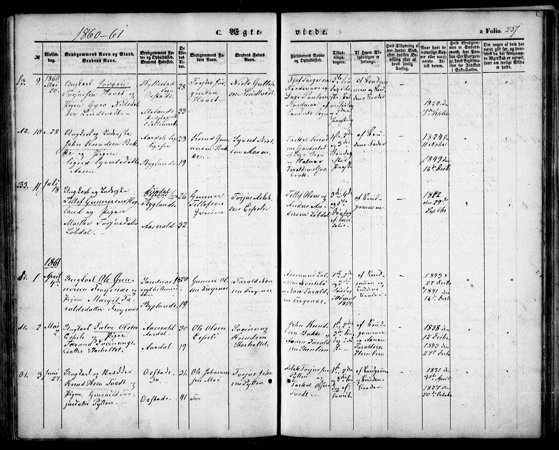 Bygland sokneprestkontor, SAK/1111-0006/F/Fa/Fab/L0005: Parish register (official) no. A 5, 1859-1873, p. 257