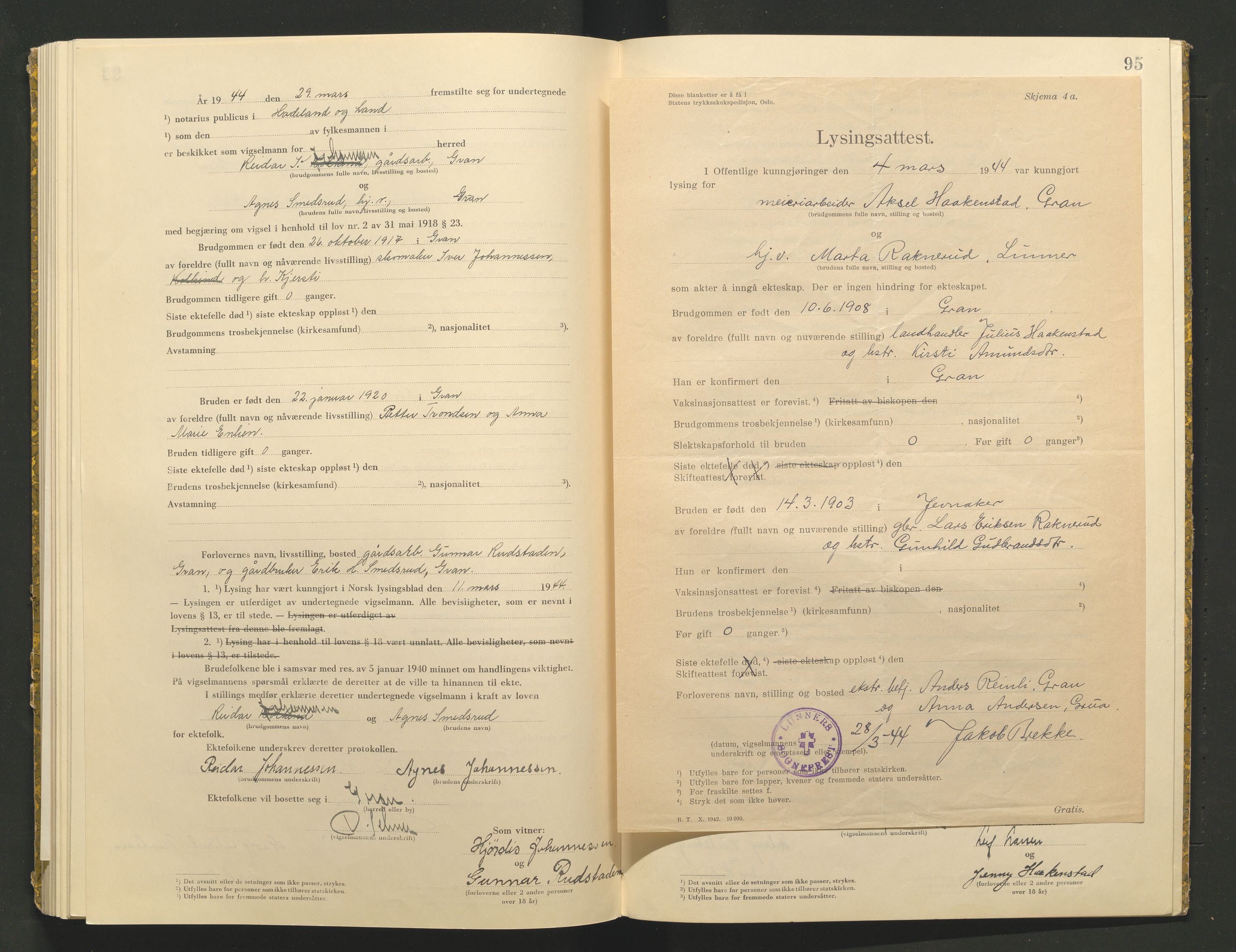 Hadeland og Land tingrett, AV/SAH-TING-010/L/Lb/L0002: Vigselbok, 1943-1944, p. 95