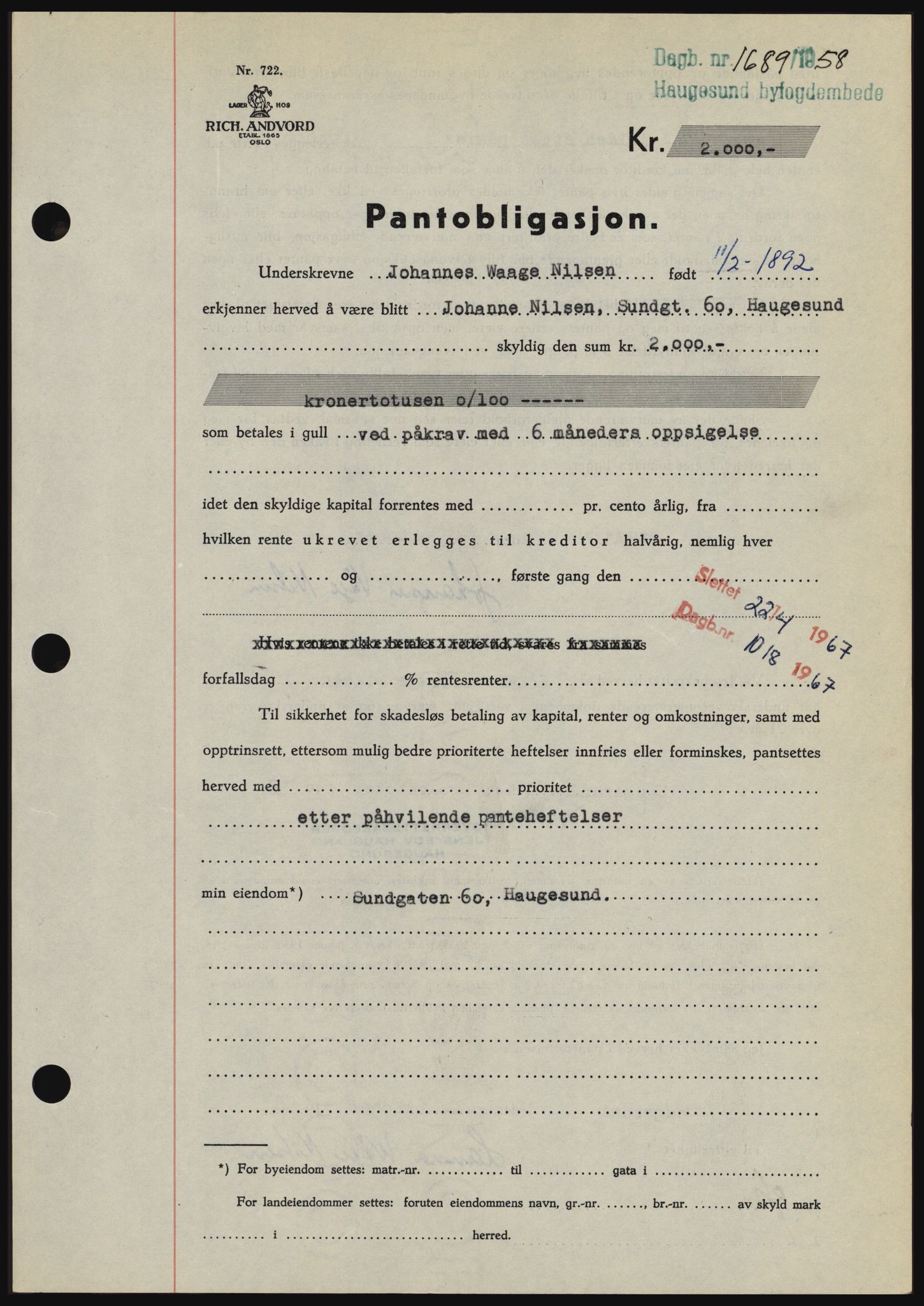 Haugesund tingrett, SAST/A-101415/01/II/IIC/L0044: Mortgage book no. B 44, 1958-1959, Diary no: : 1689/1958