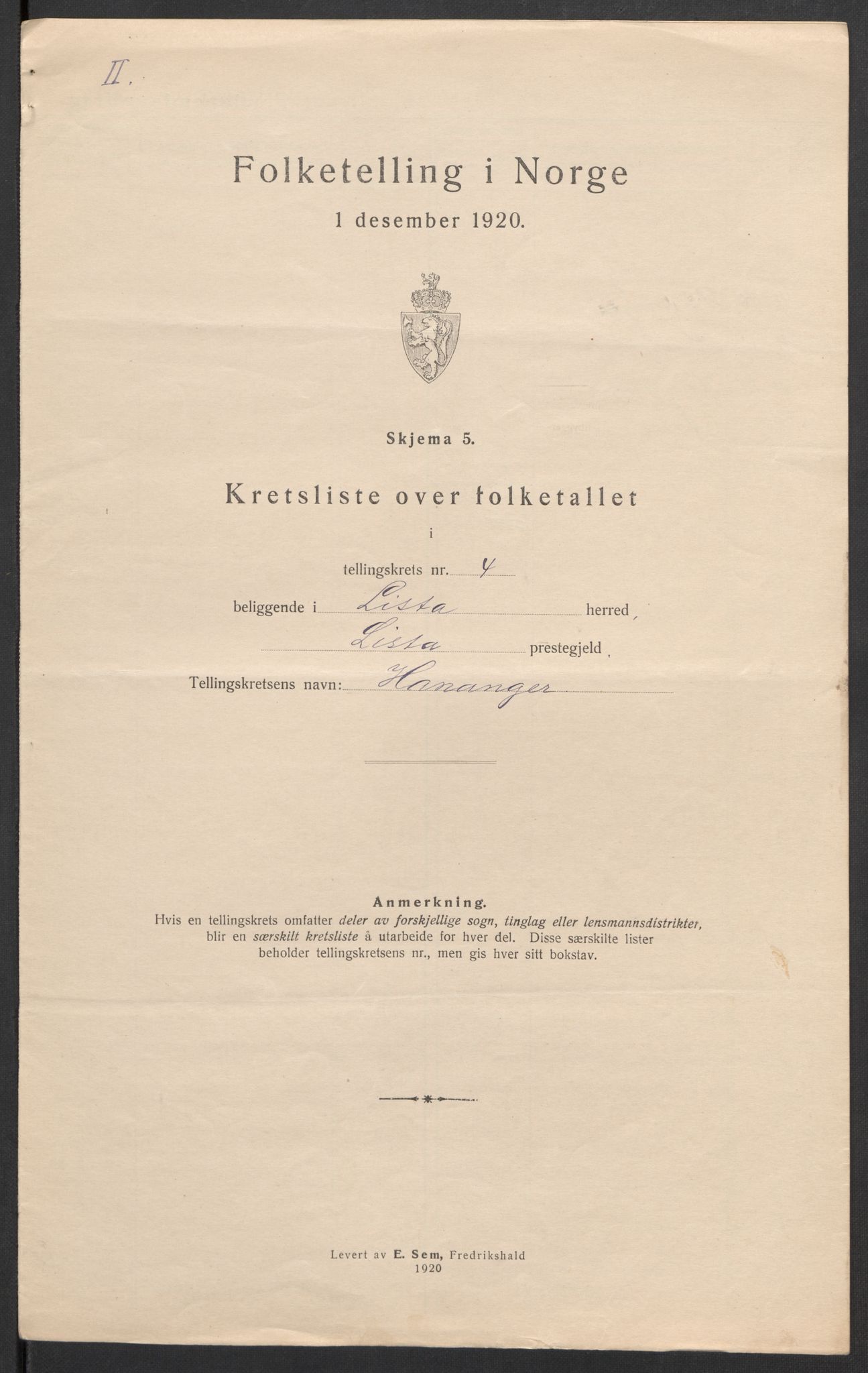 SAK, 1920 census for Lista, 1920, p. 21