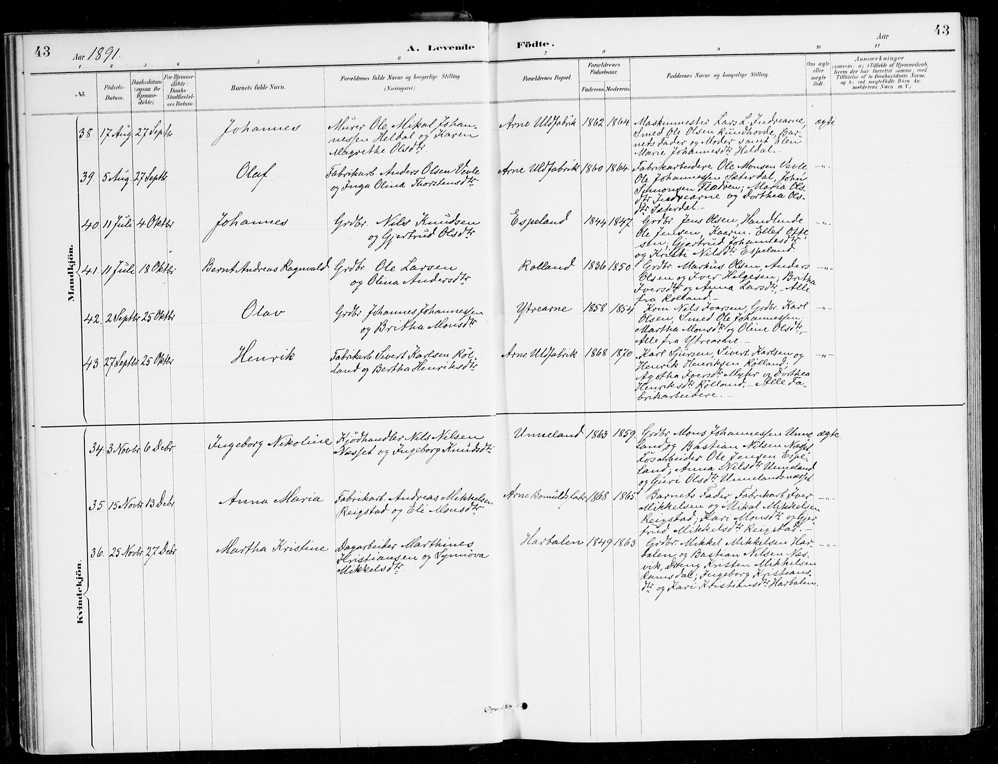 Haus sokneprestembete, AV/SAB-A-75601/H/Haa/Haad/L0001: Parish register (official) no. D 1, 1887-1898, p. 43