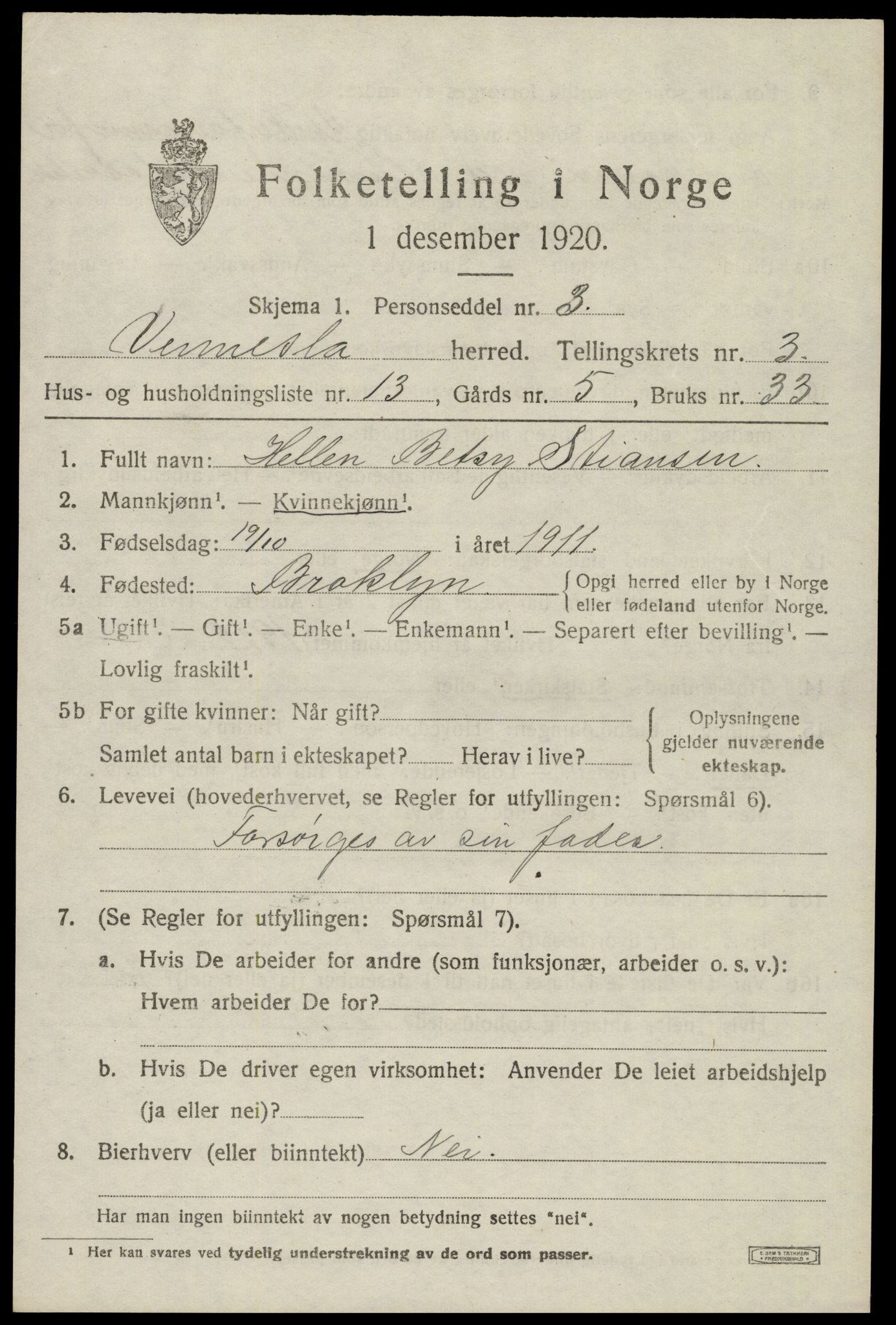 SAK, 1920 census for Vennesla, 1920, p. 2376