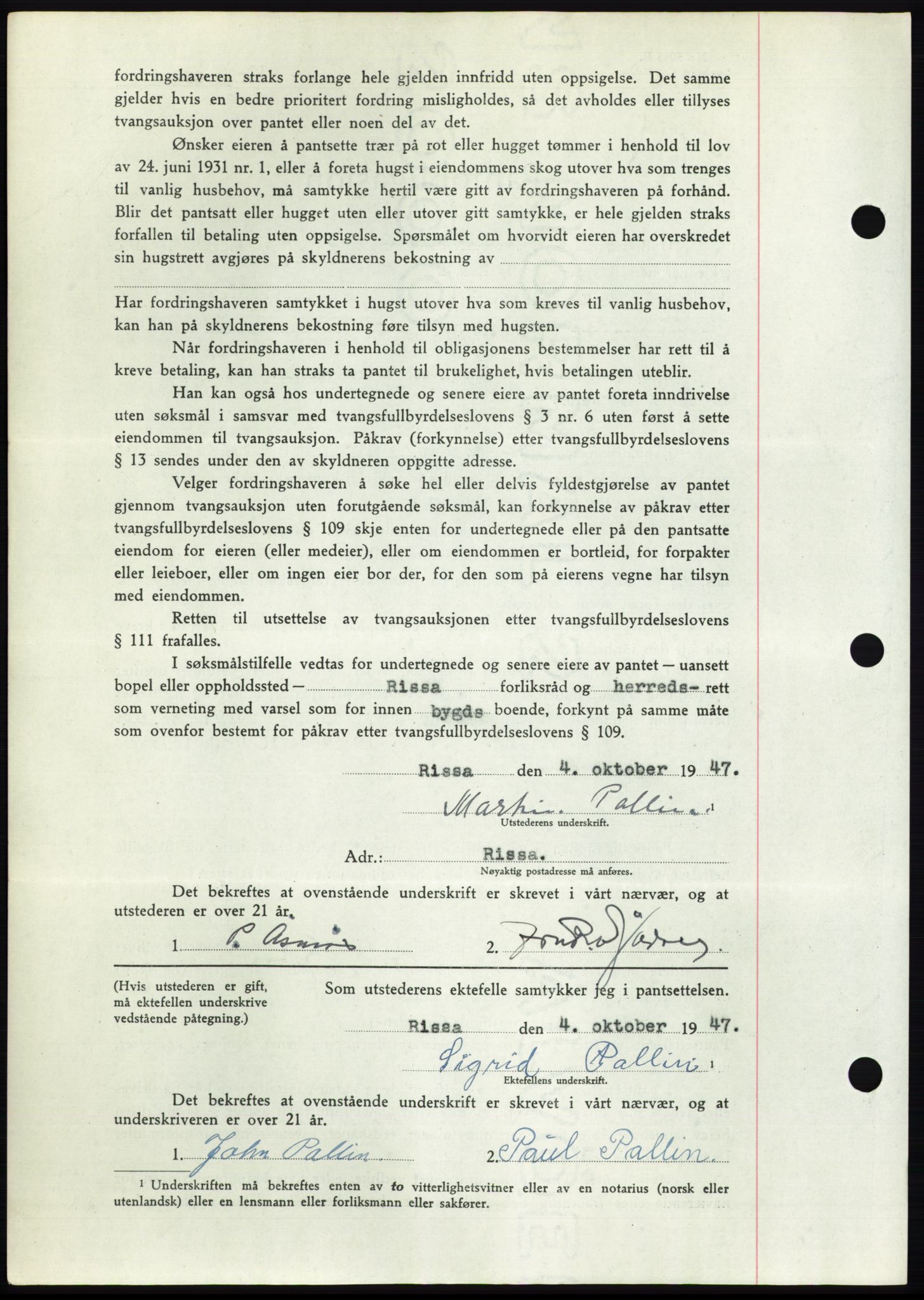 Fosen sorenskriveri, AV/SAT-A-1107/1/2/2C: Mortgage book no. B, 1946-1948, Diary no: : 1394/1947
