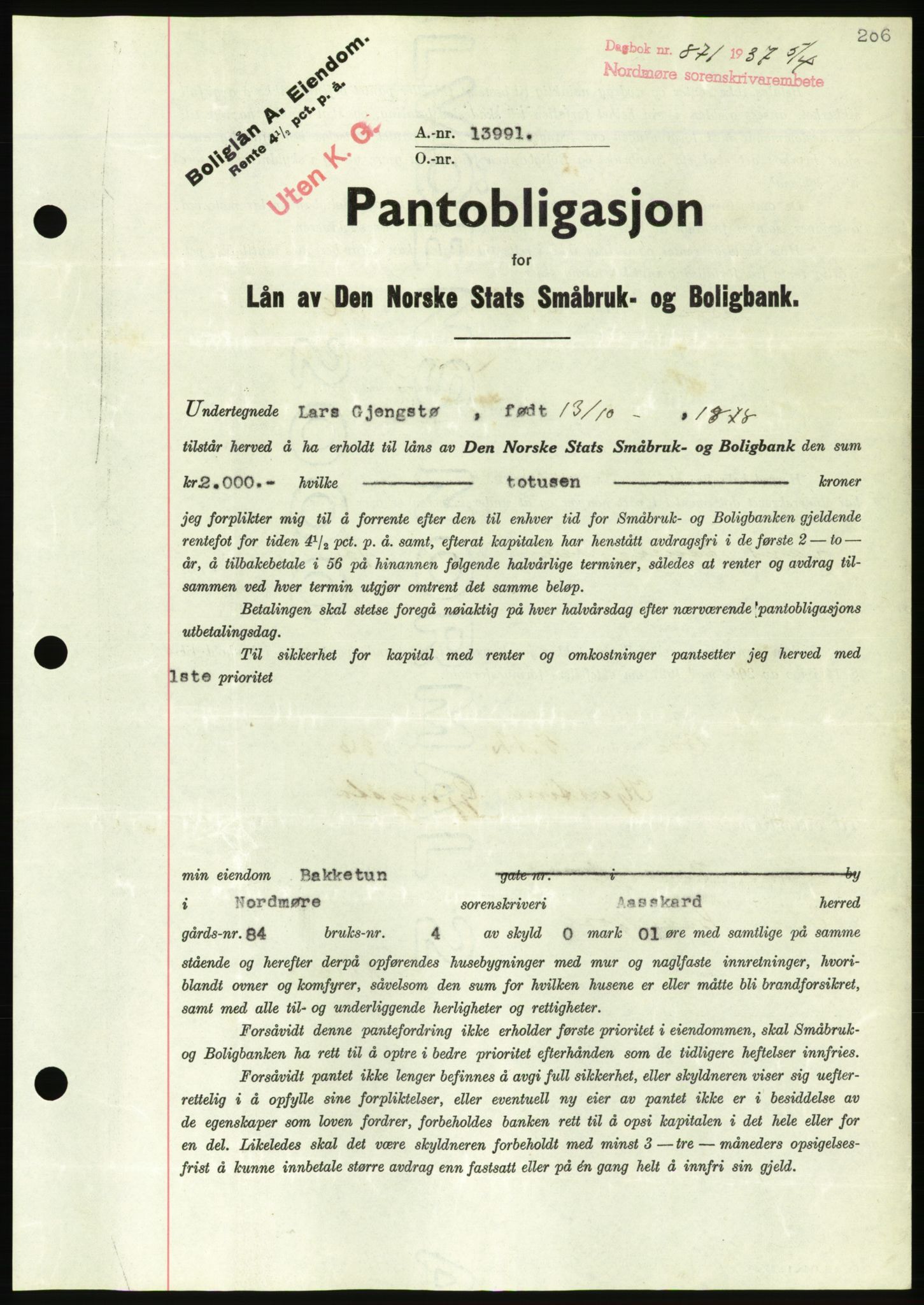 Nordmøre sorenskriveri, AV/SAT-A-4132/1/2/2Ca/L0091: Mortgage book no. B81, 1937-1937, Diary no: : 871/1937