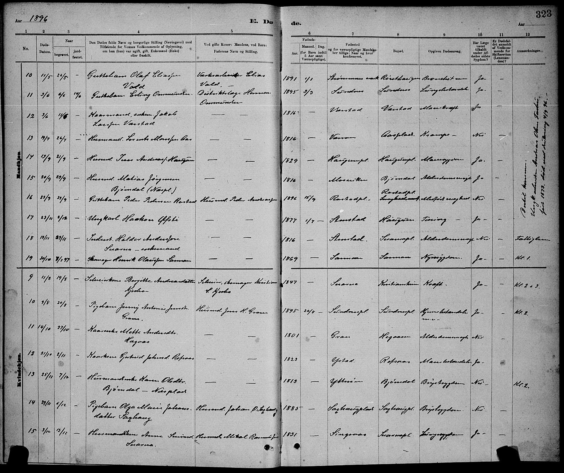 Ministerialprotokoller, klokkerbøker og fødselsregistre - Nord-Trøndelag, AV/SAT-A-1458/730/L0301: Parish register (copy) no. 730C04, 1880-1897, p. 323